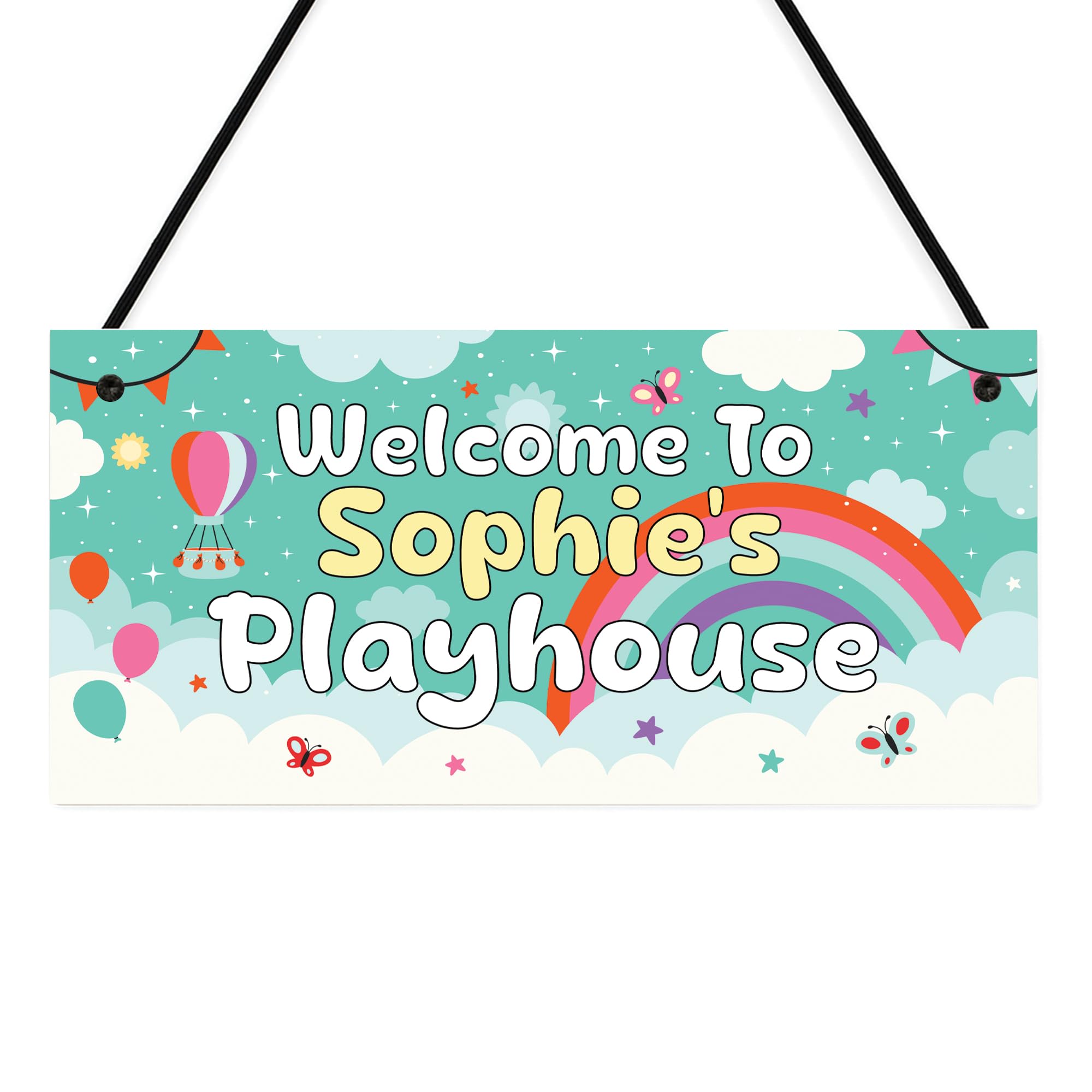 Red Ocean Personalised Playhouse Sign with Name - Rainbow Kids Garden Decor Plaque, Children's Outdoor Door Hanging Sign, Nursery Playroom Decor, Colourful Gift for Boys Girls