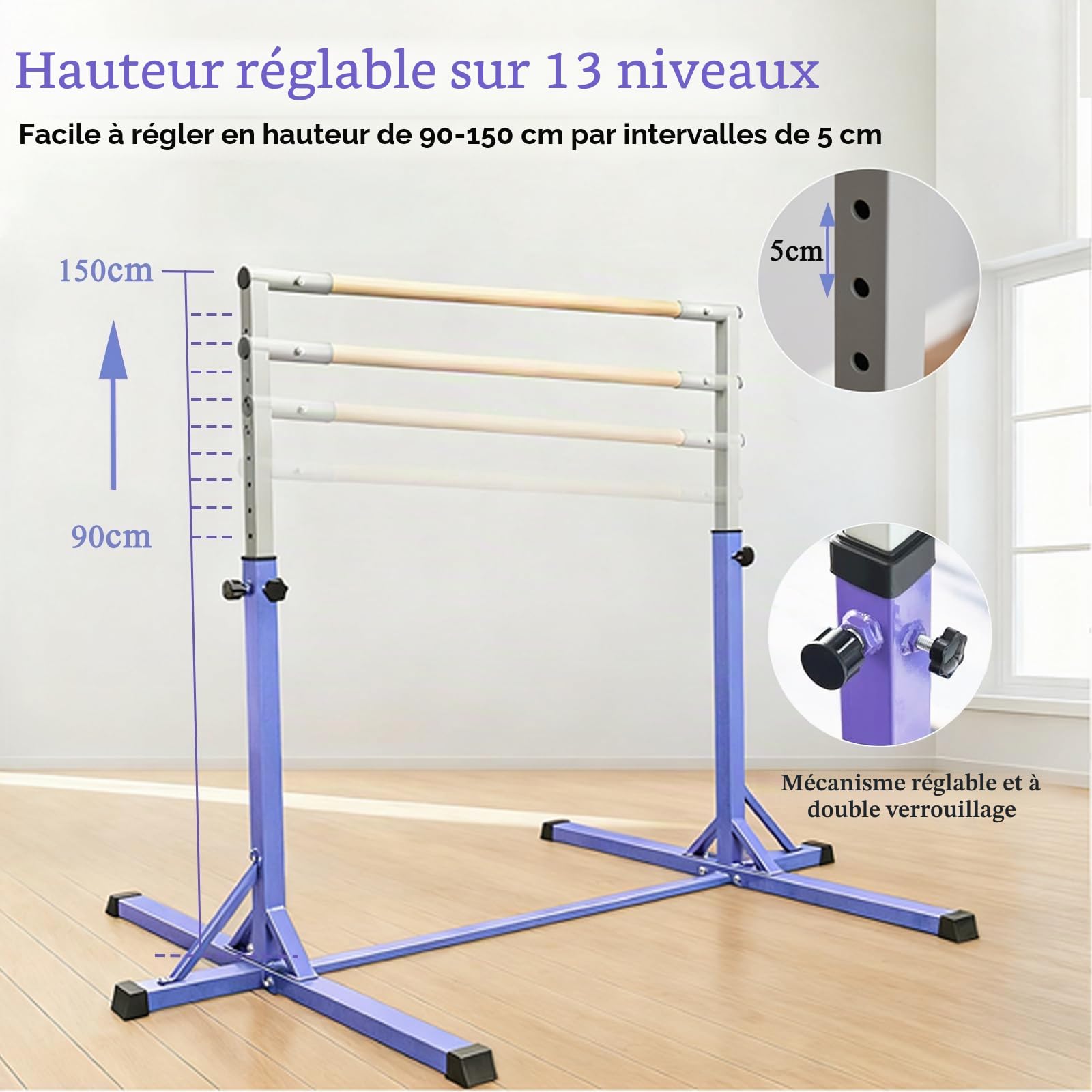 Barre de Gymnastique Horizontale pour Enfants avec Anneaux de Gymnastique - 13 hauteurs réglables - Équipement de Gymnastique pour la Maison, l'intérieur et l'extérieur