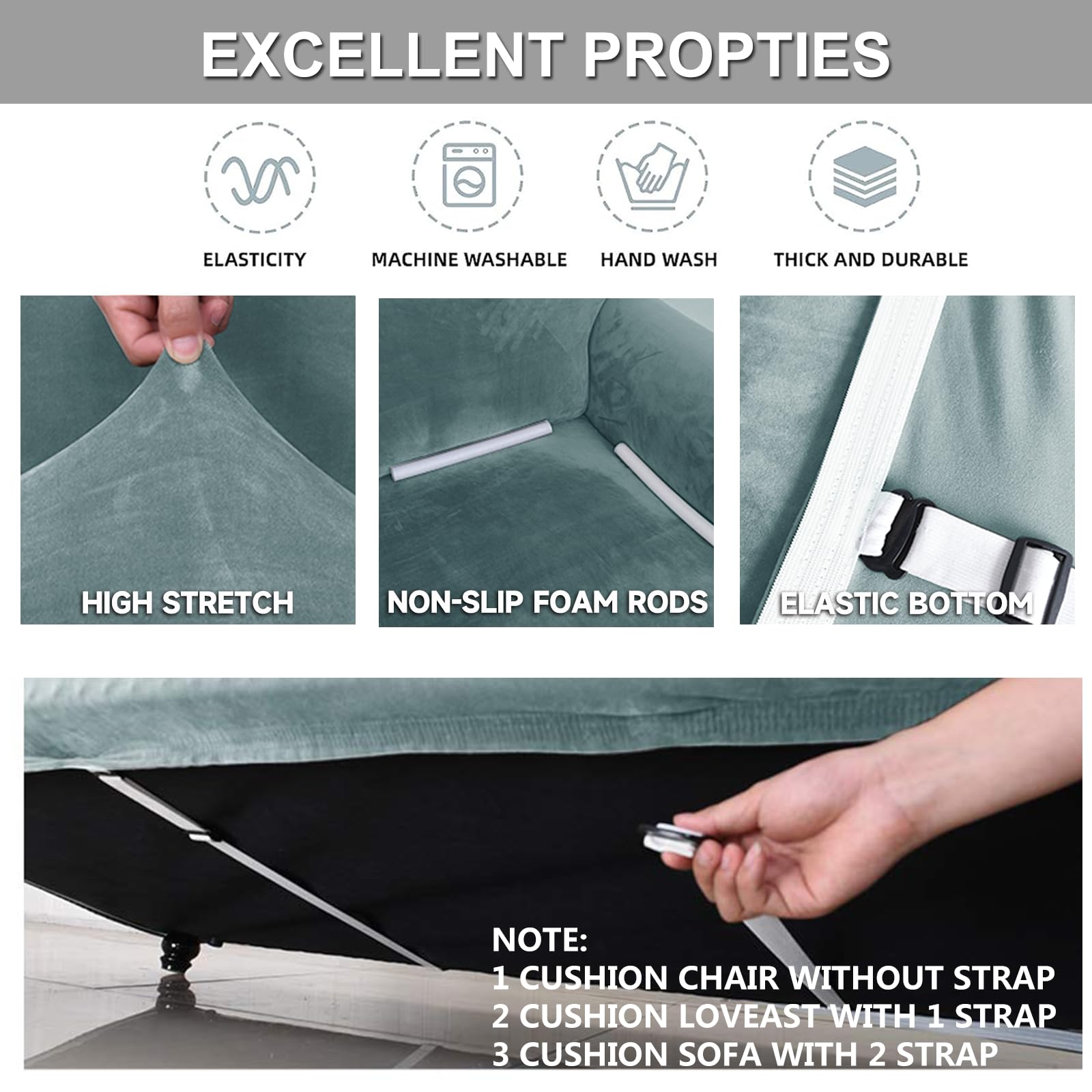 Ystyle Elastischer Samt Sofabezug 3 Sitzer, Grau Blau | Stretch Sofa Überzug, Sofaschoner Rutschfest, Couch Überzug, Sofa Cover mit Armlehnen, Sesselschoner Sofaschutz Katze