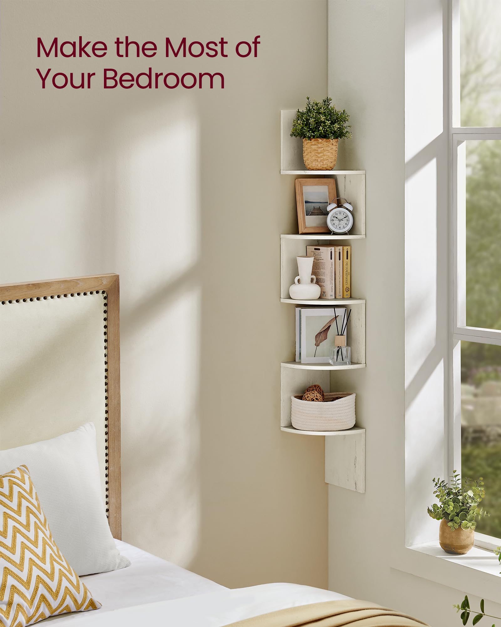 VASAGLE 5-Tier Corner Shelf, Display Floating Shelf in Living Room, Study, Kitchen, Bedroom, for Plants CDs, Decorations - Image 4