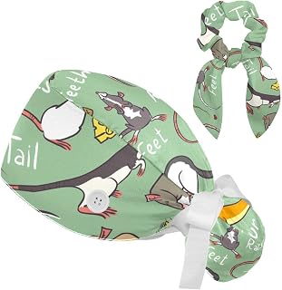 2 Pieces Surgical Cap for Long Hair Scrub Cap with Hairband Nurse Cap, Funny Rats Animal Mouse