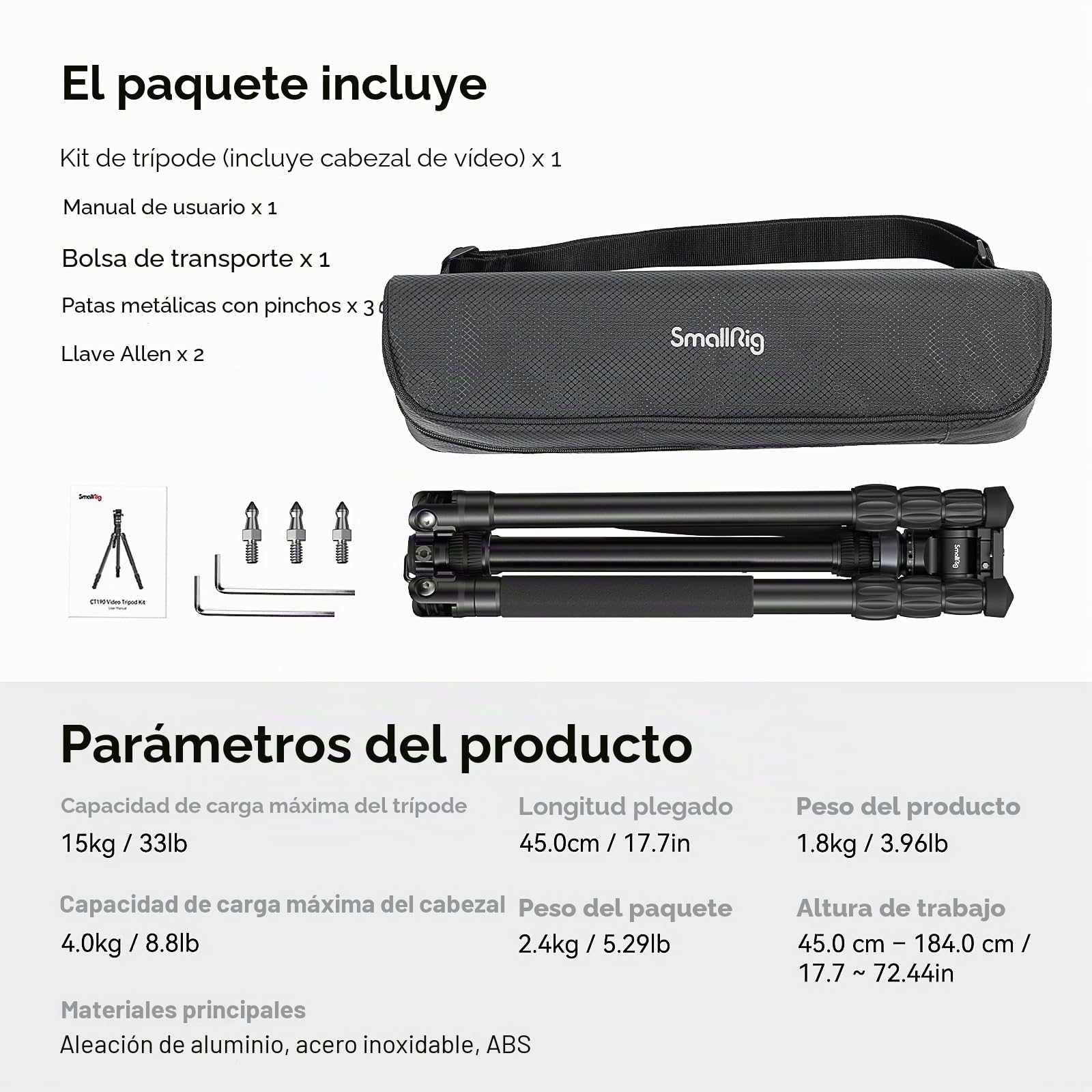 SMALLRIG Trípode de Vídeo Profesional de 72", Cabezal Fluido con Base Niveladora, Conversión de Monopié, Trípode de Vídeo con Bolsa de Transporte, Carga de hasta 8,8lbs/4kg - 4319