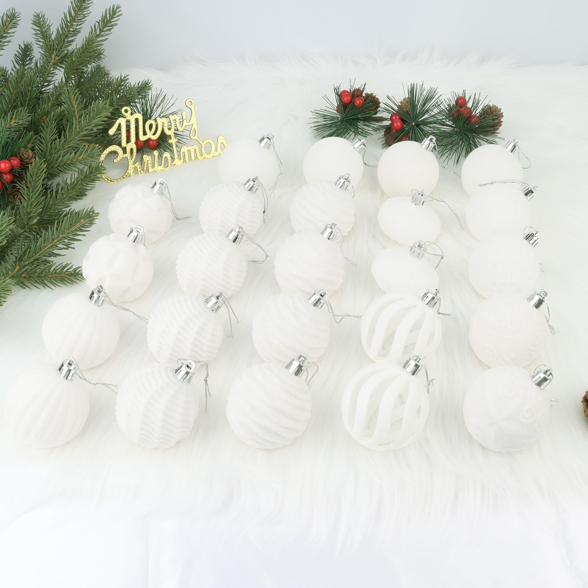 24 palline di Natale in velluto color crema, decorazioni per albero di