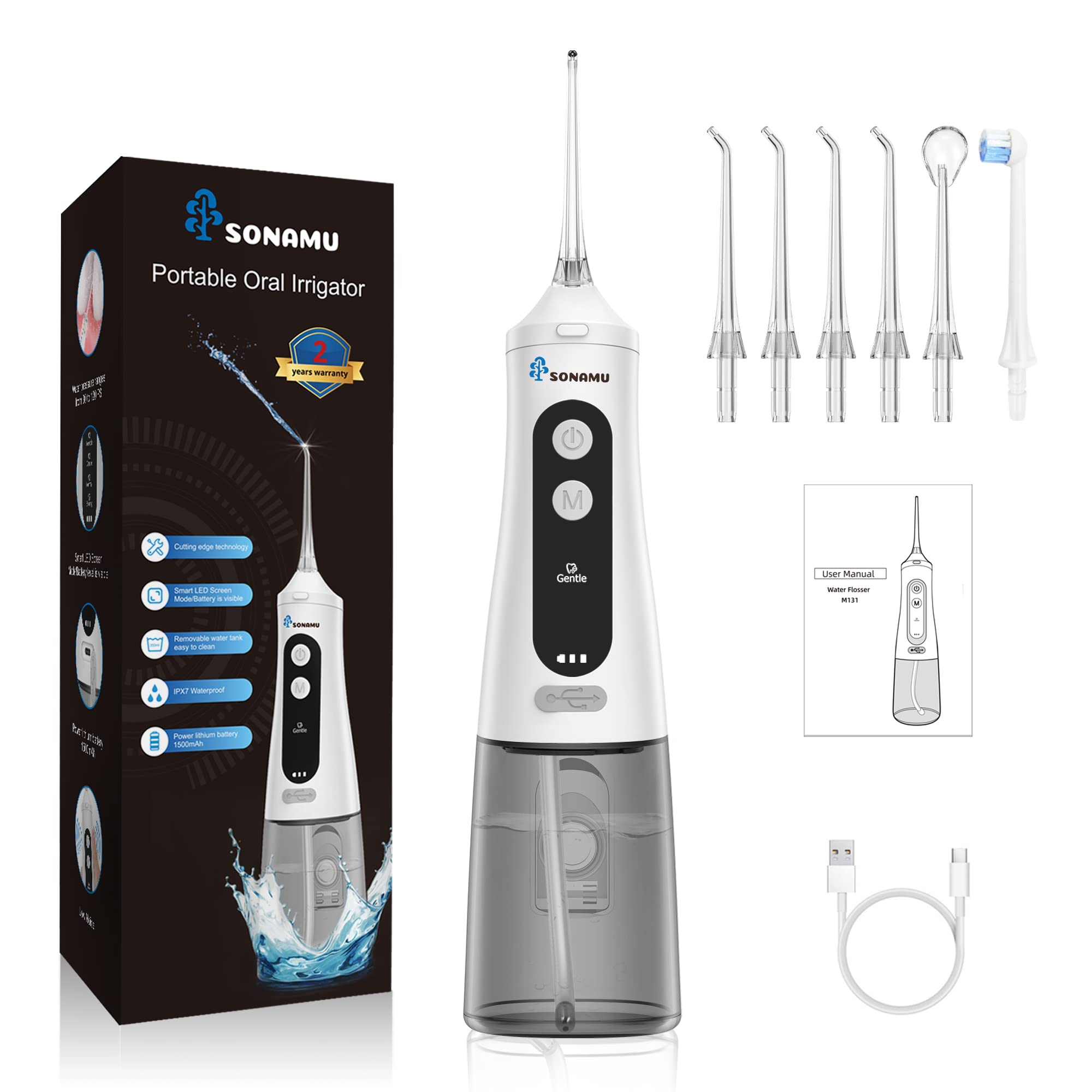 Cordless Water Flosser for Teeth - Sonamu Two Years Warranty Rechargeable and Portable 350ML Oral Irrigator for Gums,Braces, Dental Care with Long Battery for Travel Beautiful Dental Water Flosser