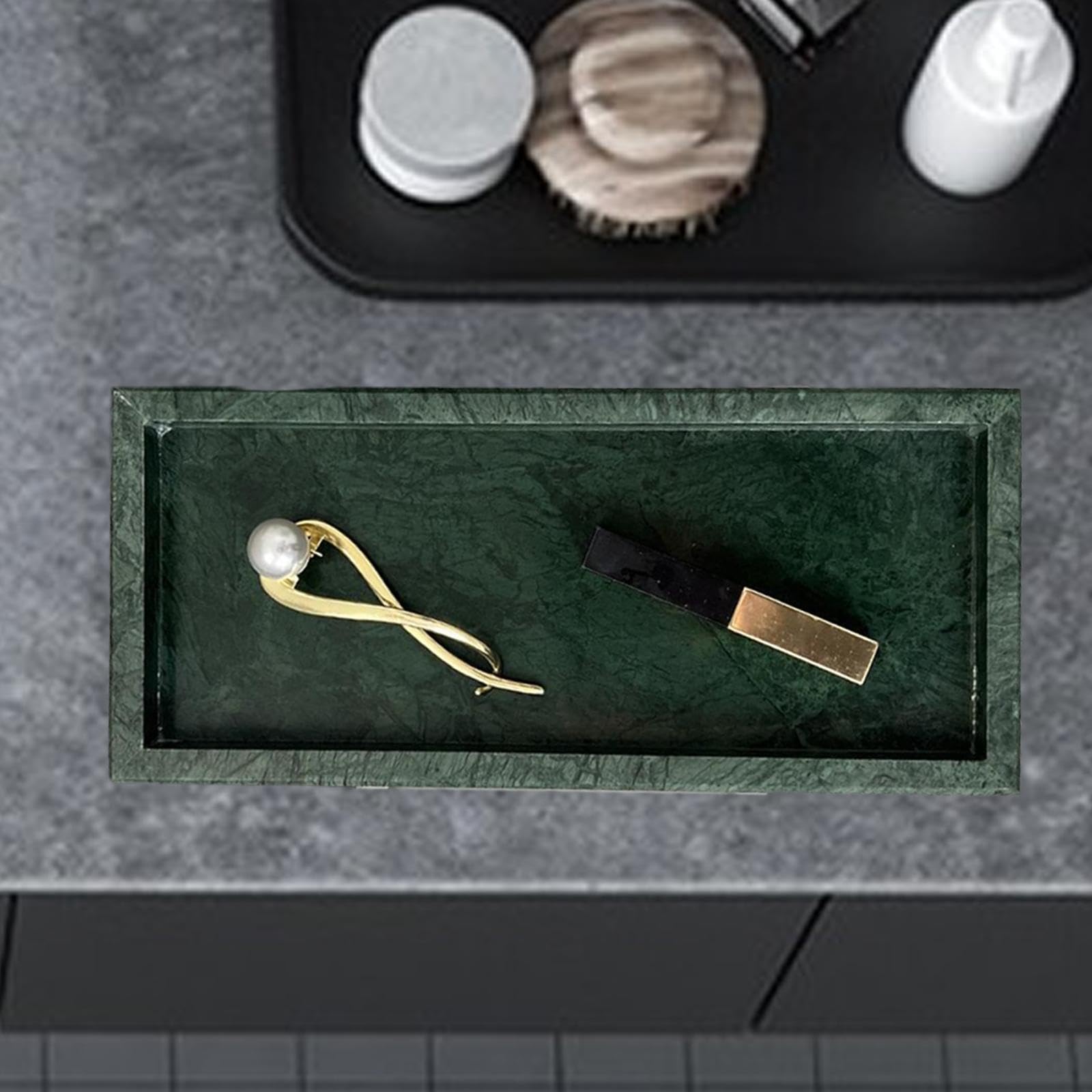 Bandeja de Mármol Elegante Rectangular Organizador Cosmético de Tocador Bandeja de Joyería de Piedra Bandeja Decorativa para Servir Adecuada para Baño, Verde, Individual