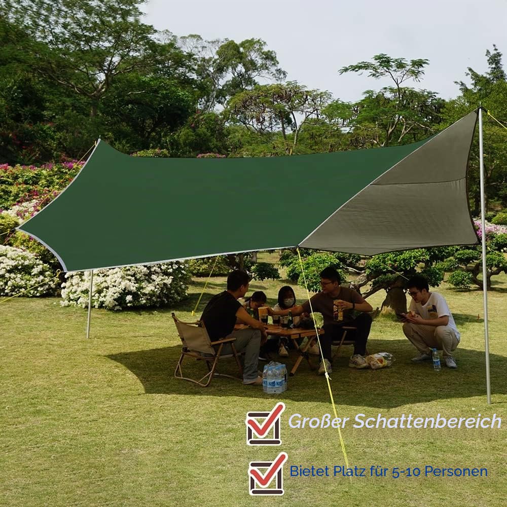 5x5m Groß Hängematte Tarp Wasserdicht Zeltplane Hexagon Camping Plane Regenplane Picknick Zelt Matte Outdoor Survival Ausrüstung（Ohne Stangen）