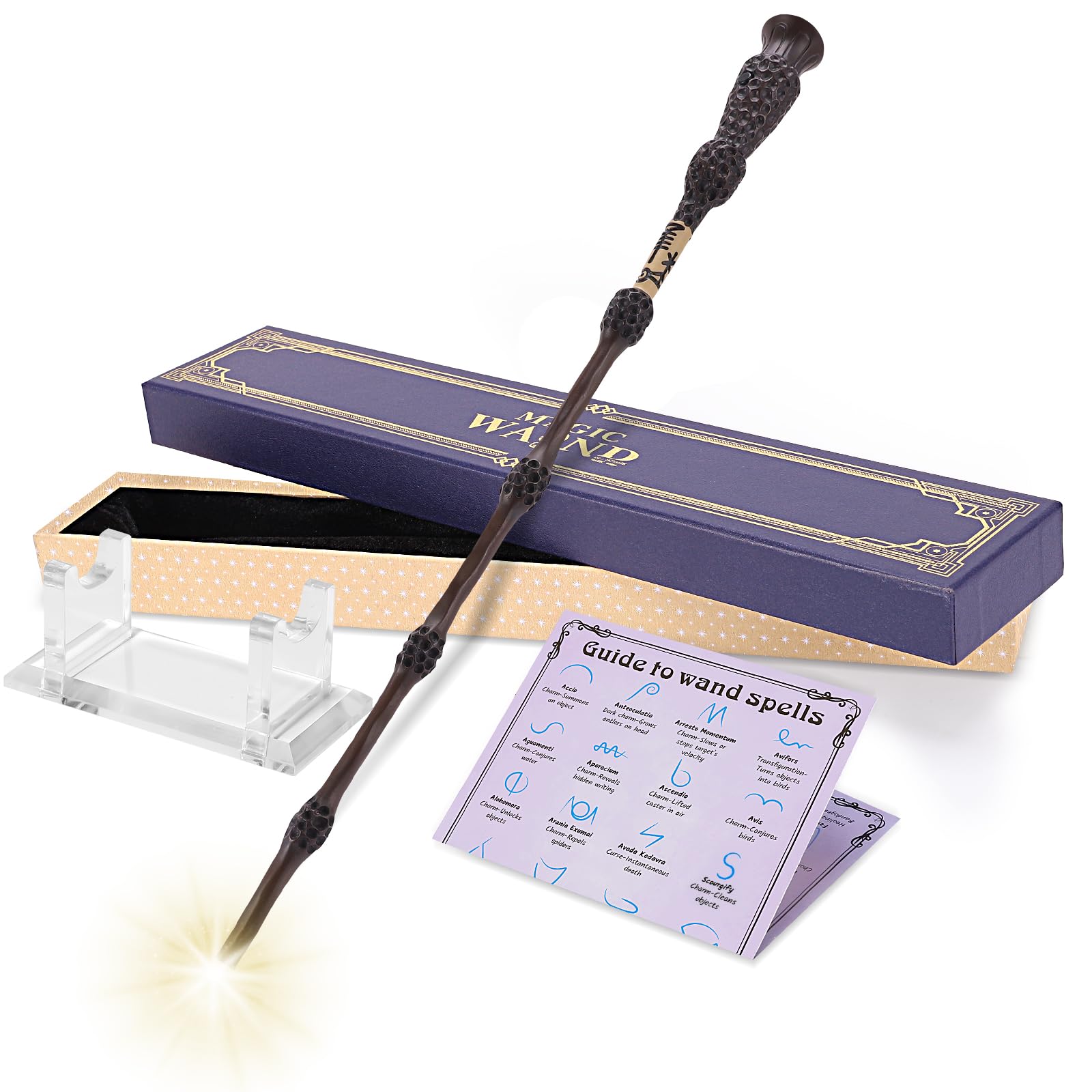 EnrichFun Light Up Wizard Magic Wand Rechargeable Illuminating Witch Wands for Kids Collection Cosplay Christmas, with Acrylic Stand, (Wise)