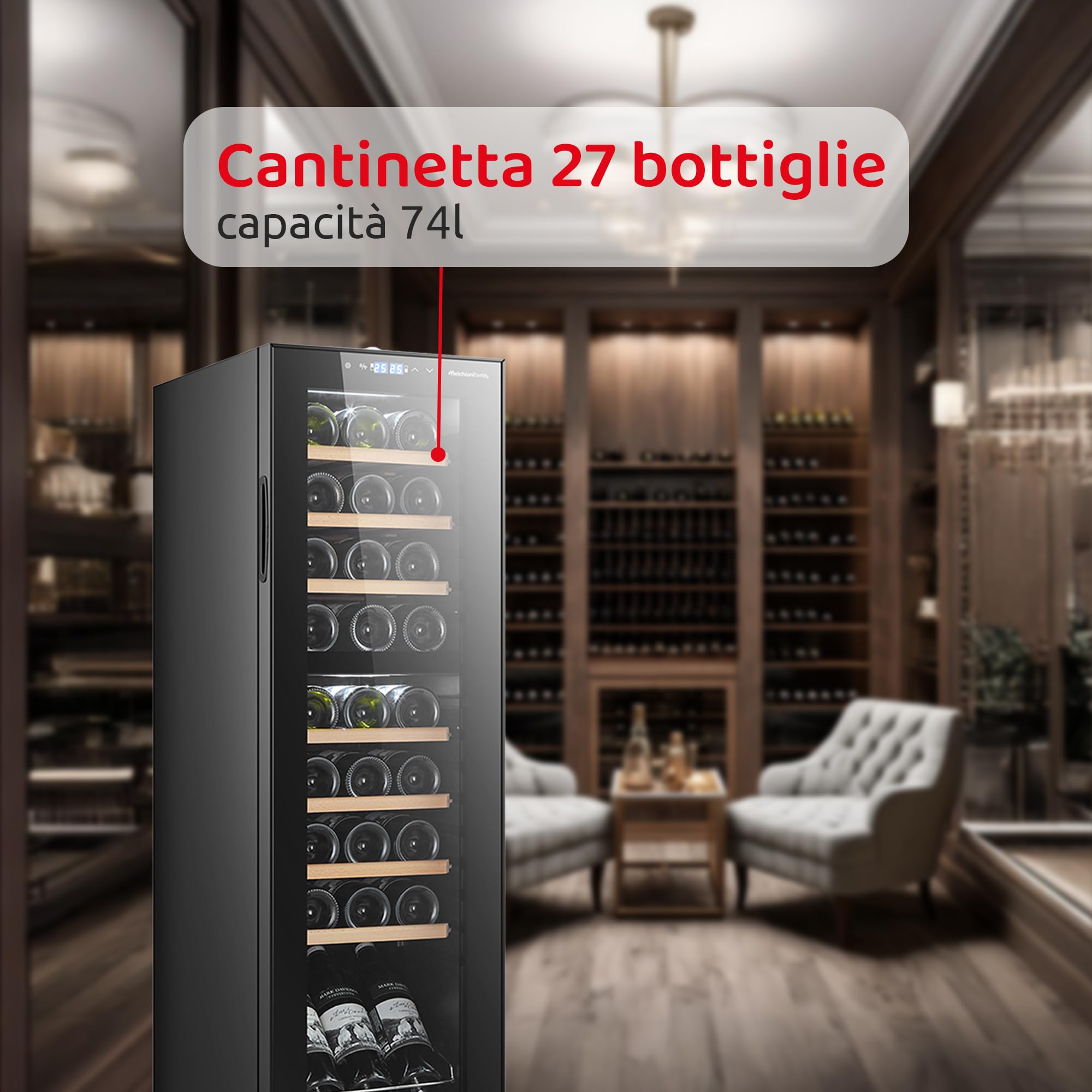 Melchioni Family | VERMENTINO 27C DUAL, Cantinetta 27 bottiglie, Doppia Temperatura, 74L, Compressore, Luce interna, Temperatura regolabile, 5-18°C, Display touch, Porta in vetro, Ripiani in legno