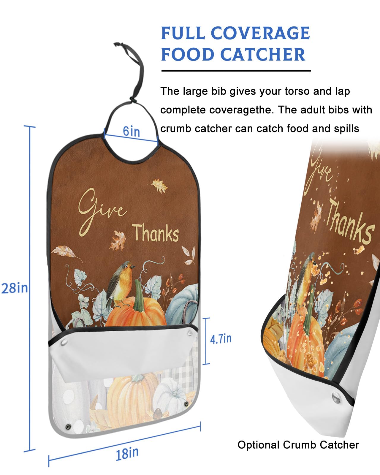 Brown Pumpkins Adult Bib for Eating with Crumb Catcher,Washable & Waterproof Terry Cloth Adjustable Elderly Women Men Bibs Funny Clothing Protector Thanksgiving Fall Abstract Boho Plaid Polka Dot