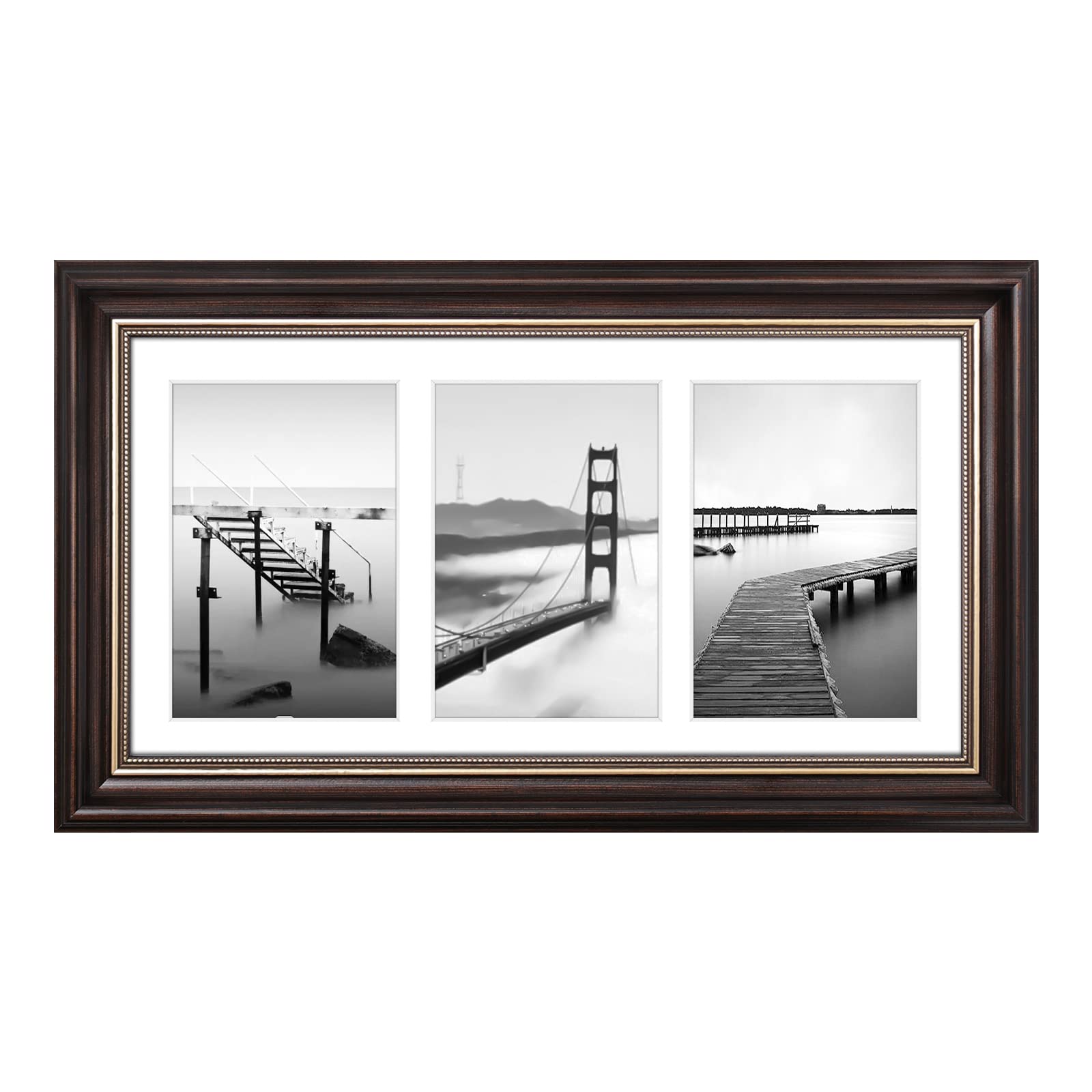 Space Art Deco, 7x14 Collage Picture Frame with 3 Opening for Three 4x6 Photos or Disply 7x14 Prints Without Mat, High Definition Real Glass Wall Mounting (Dark Brown/Ornate Gold)