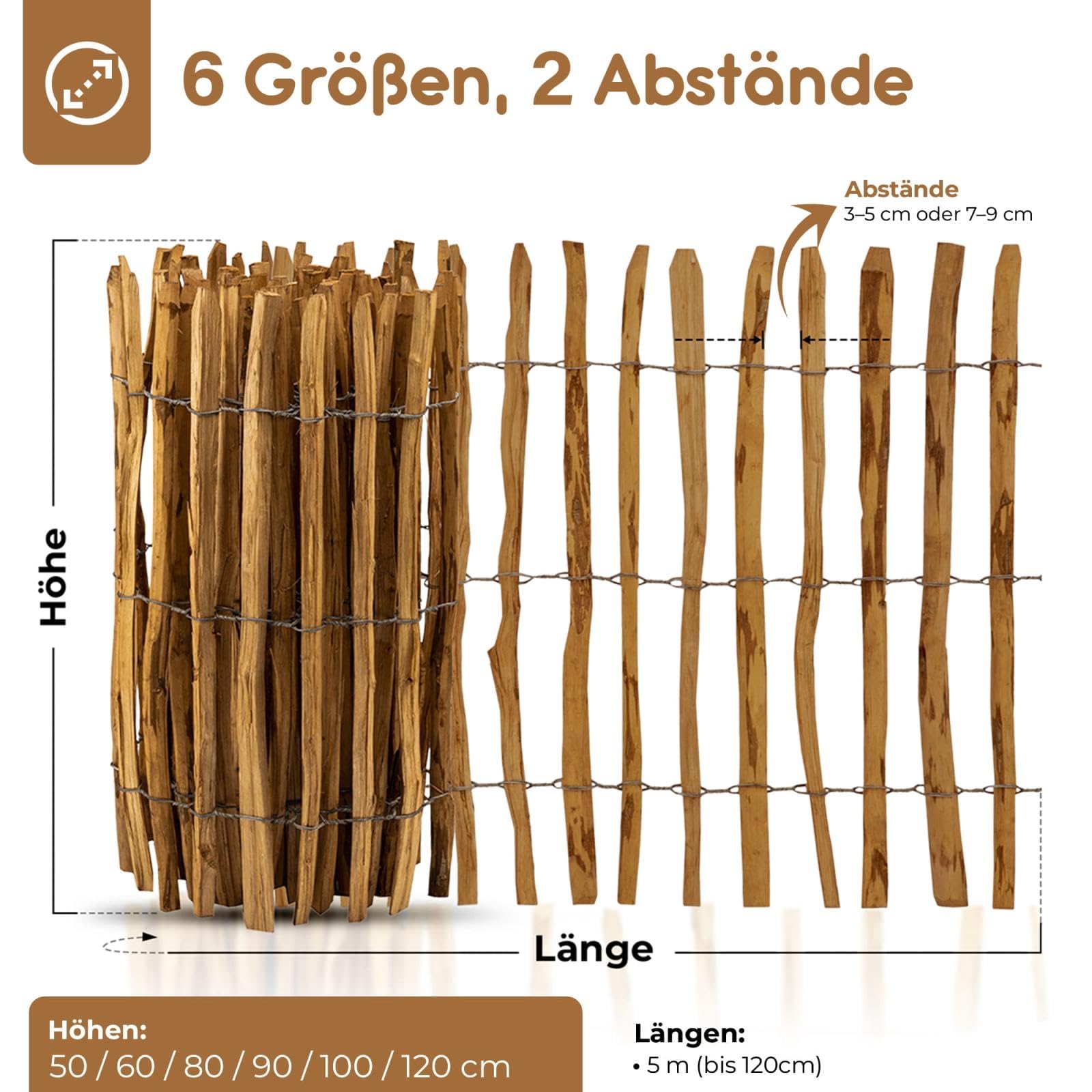 BOOGARDI Gartenzaun Holz in 12 Größen · Staketenzaun 100 cm hoch aus Haselnuss · Holzzaun, Teichzaun, Zaun, Rollzaun, Garten, Sichtschutz, Jägerzaun · 100cm x 5m (Lattenabstand 3-5cm)