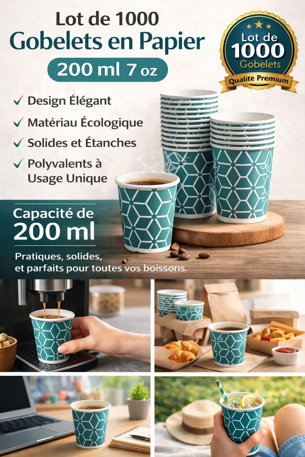Caramont,7 Oz 1000 Vasos, Agitadores de Madera,Ecológico y Desechable,Resistente al Calor, para Bebida Fría y Caliente, Ideal para Café,Té,Cumpleaños, etc