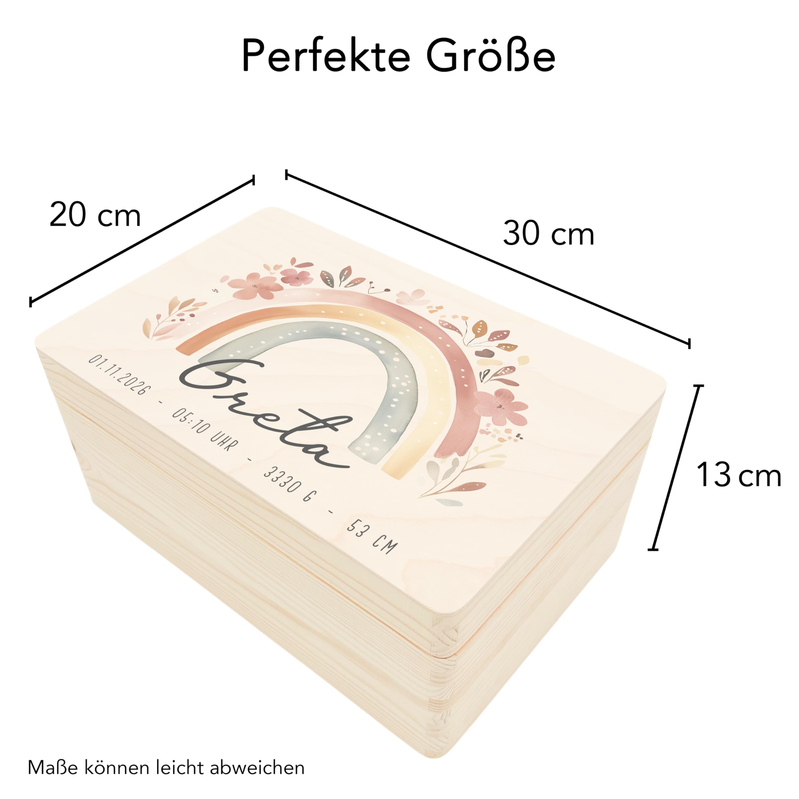 DEL MÀ Unique & Personal Erinnerungskiste Baby Mädchen personalisierte Holzkiste Erinnerungsbox Regenbogen Geschenk zur Geburt Geburtsgeschenk Holzbox 30x20x13 cm