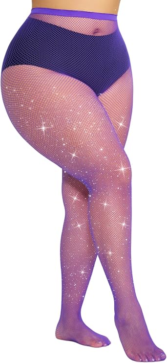 Plus Size Fishnet Tights Sparkly Mesh Stockings Glitter Pantyhose Rhinestone Shinny Hosiery