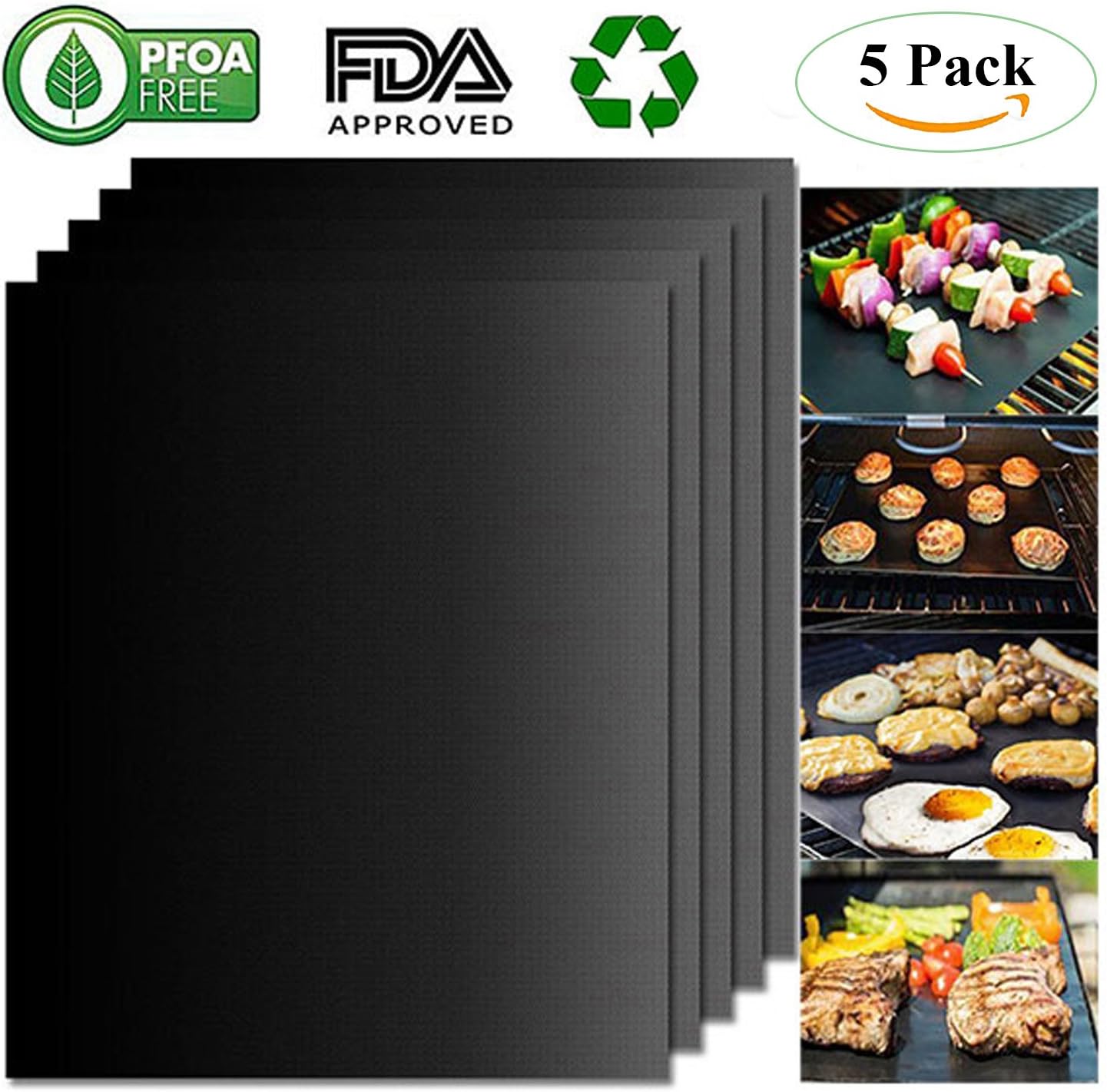 Cooshade BBQ Grill Mats 100% Non Stick Set of 5 Barbecue Mats, PFOA Free, Heat Resistant Reusable Durable Baking Mats for Oven Gas Charcoal Electric Grill