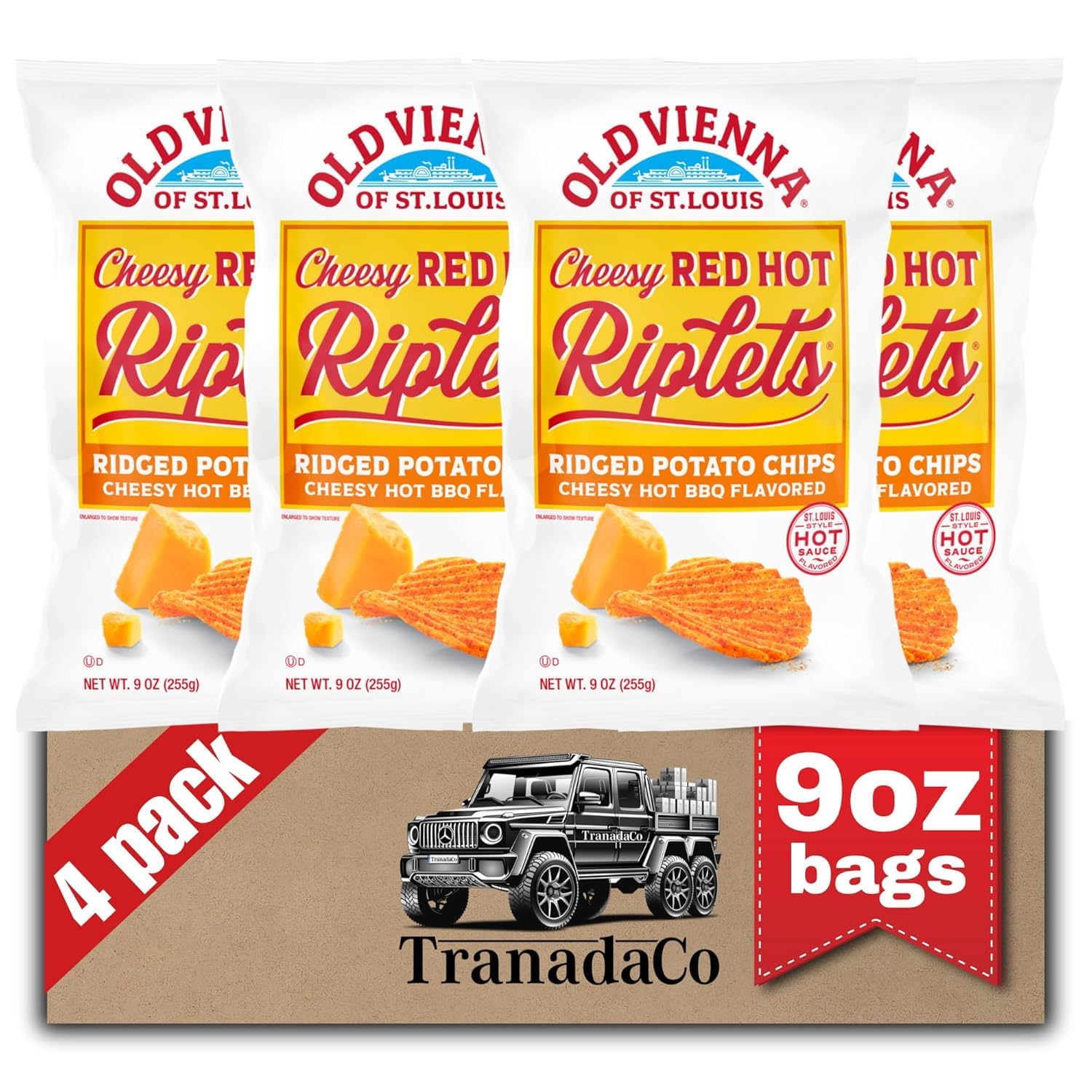 Old Vienna of St. Louis Cheesy Red Hot Riplets Ridged Potato Chips 9oz Bags (4 Pack) by TranadaCo
