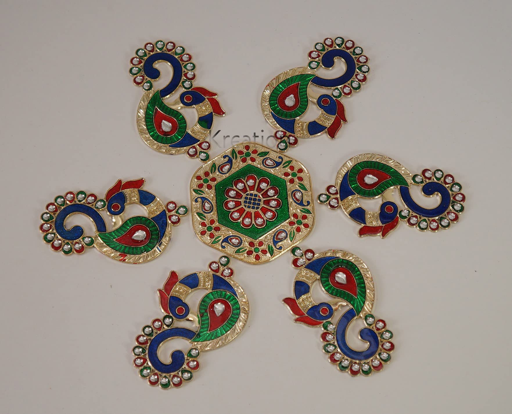 iKreation Acrylic Minakari Peacock Shape Rangoli (Medium) (7 pcs) (Red, Green n Blue) (25 cm X 25 cm)