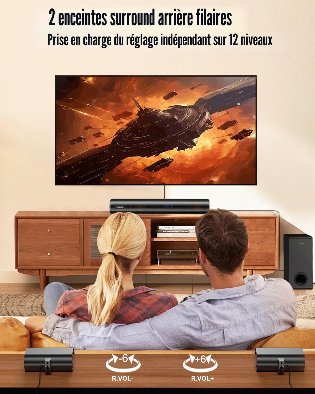 Hiwill Barre de son Dolby Atmos 5.1 CH pour Smart TV, barre de son de petite pièce avec 2 haut-parleurs arrière filaires, système de son surround Surround, caisson de basses filaire de 13,25 cm, HDMI