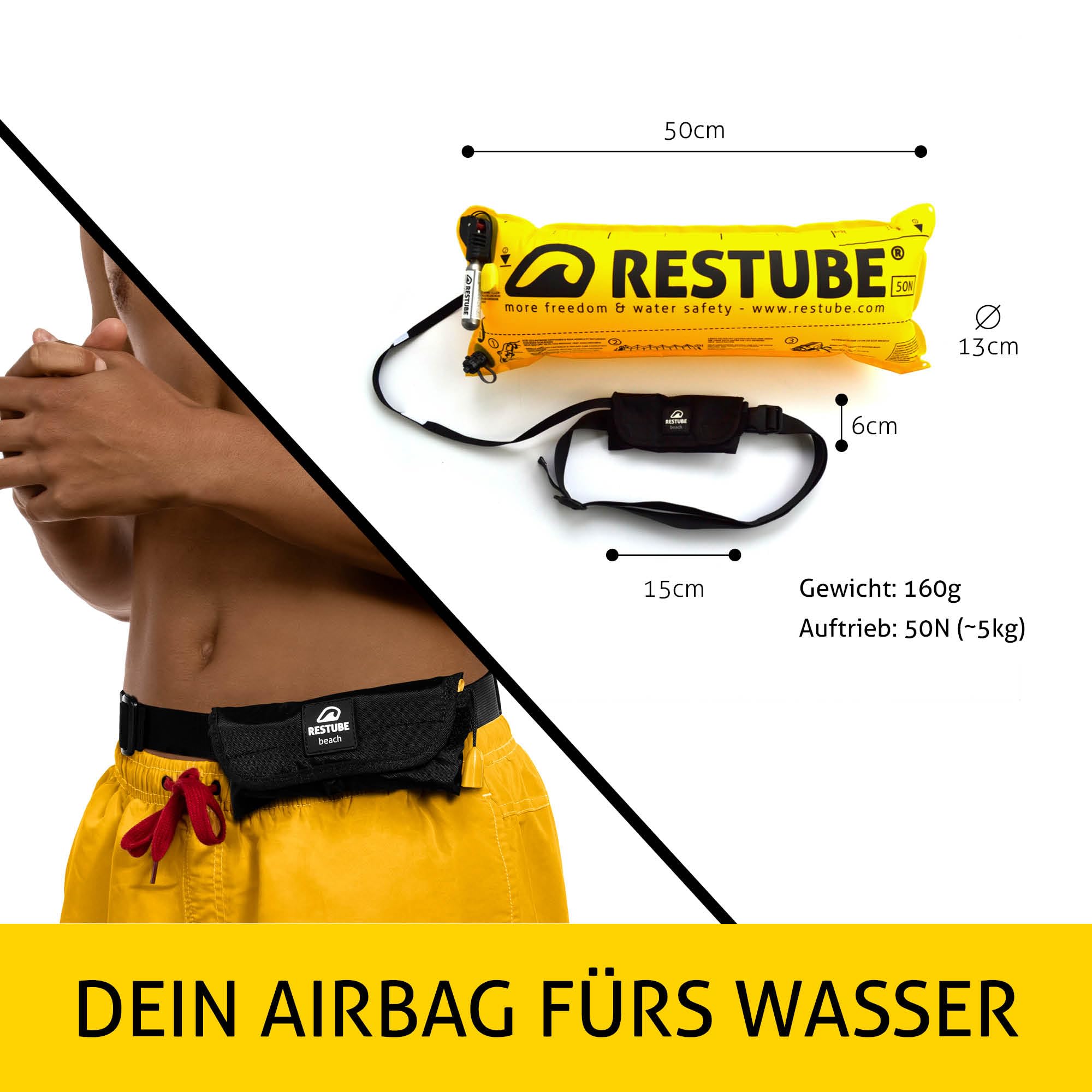 Restube Beach Schwimmboje-Starterbundle | Enthält eine aufblasbare Rettungsboje, 2 CO2-Ersatzpatronen und wasserfestes reflektierendes Band