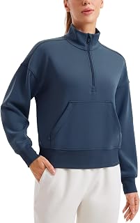 CRZ YOGA SoftAura Half Zip Sweatshirts | Peach-Fuzz Texture, Casual, Relaxed Fit, Pullover, Kangaroo Pockets, Funnel Neck, Sweat Shirts for Women