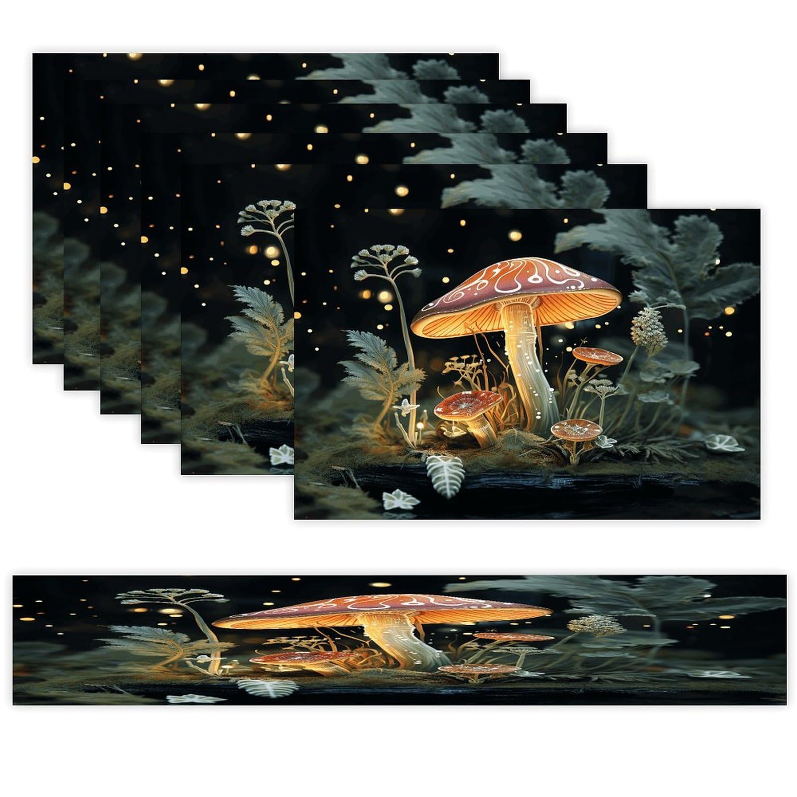 Butterfly Mushroom Table Runner and Placemats of 6 Washable Heat Resistant Place Mats with Table Runner Vintage Holiday Table Mat Set for Holiday Party Kitchen Dining Deco