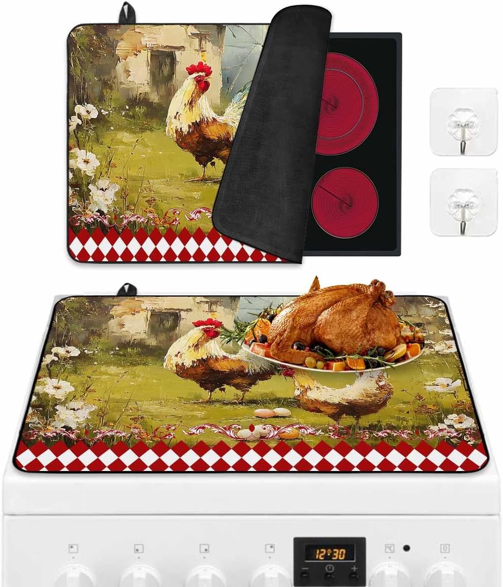 Stove Cover for Electric Stove, Farmhouse Chicken Vintage Rustic Hen Red White Checkered Plaid Stove Top Cover for Glass Top, Heat Resistant Rubber Mat Foldable Cooktop Protector, 28.5"x20.5"