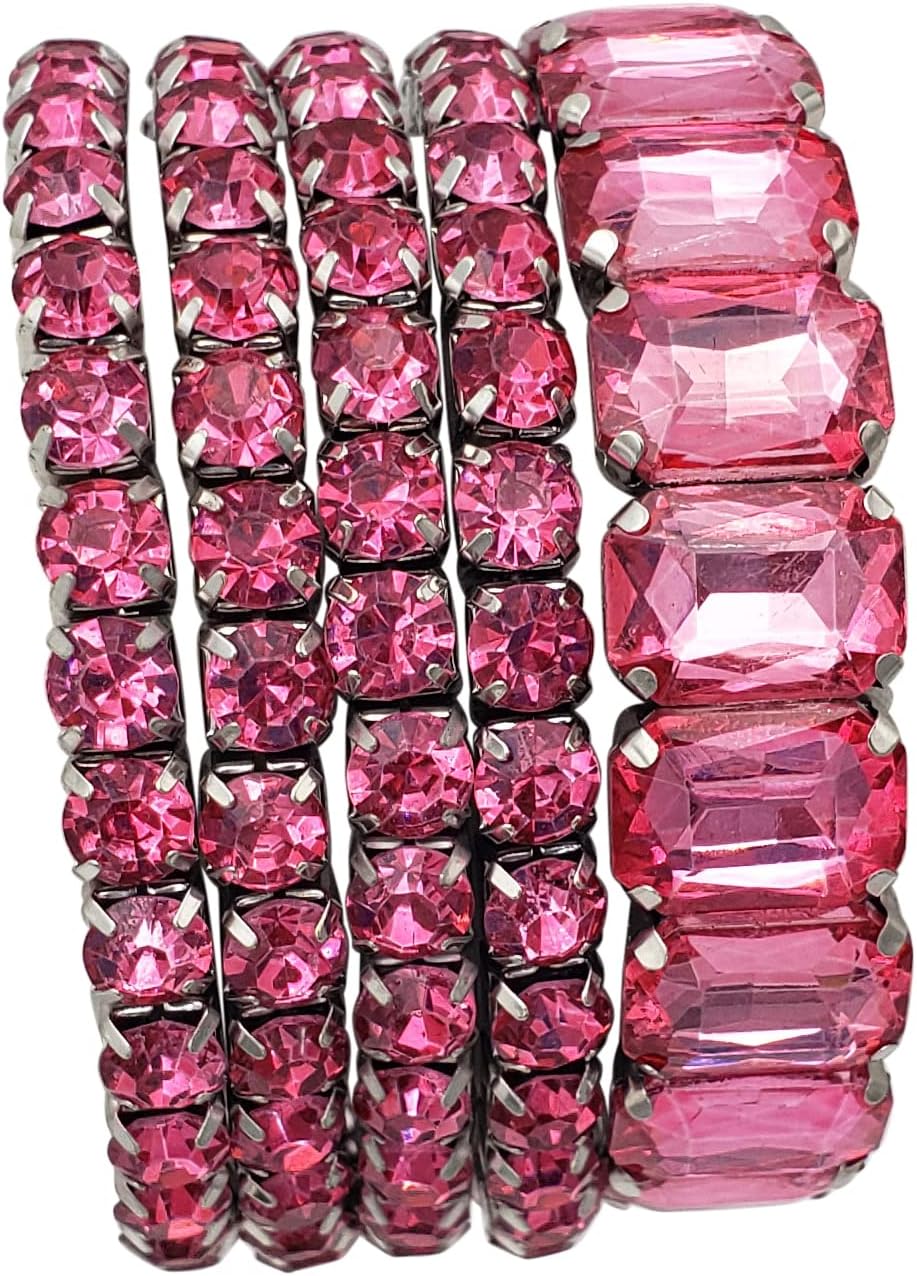 Rosemarie & Jubalee Women's Stunning Statement Bejeweled Set Of 5 Colorful Crystal Rhinestone Stretch Bracelets, 6.75"
