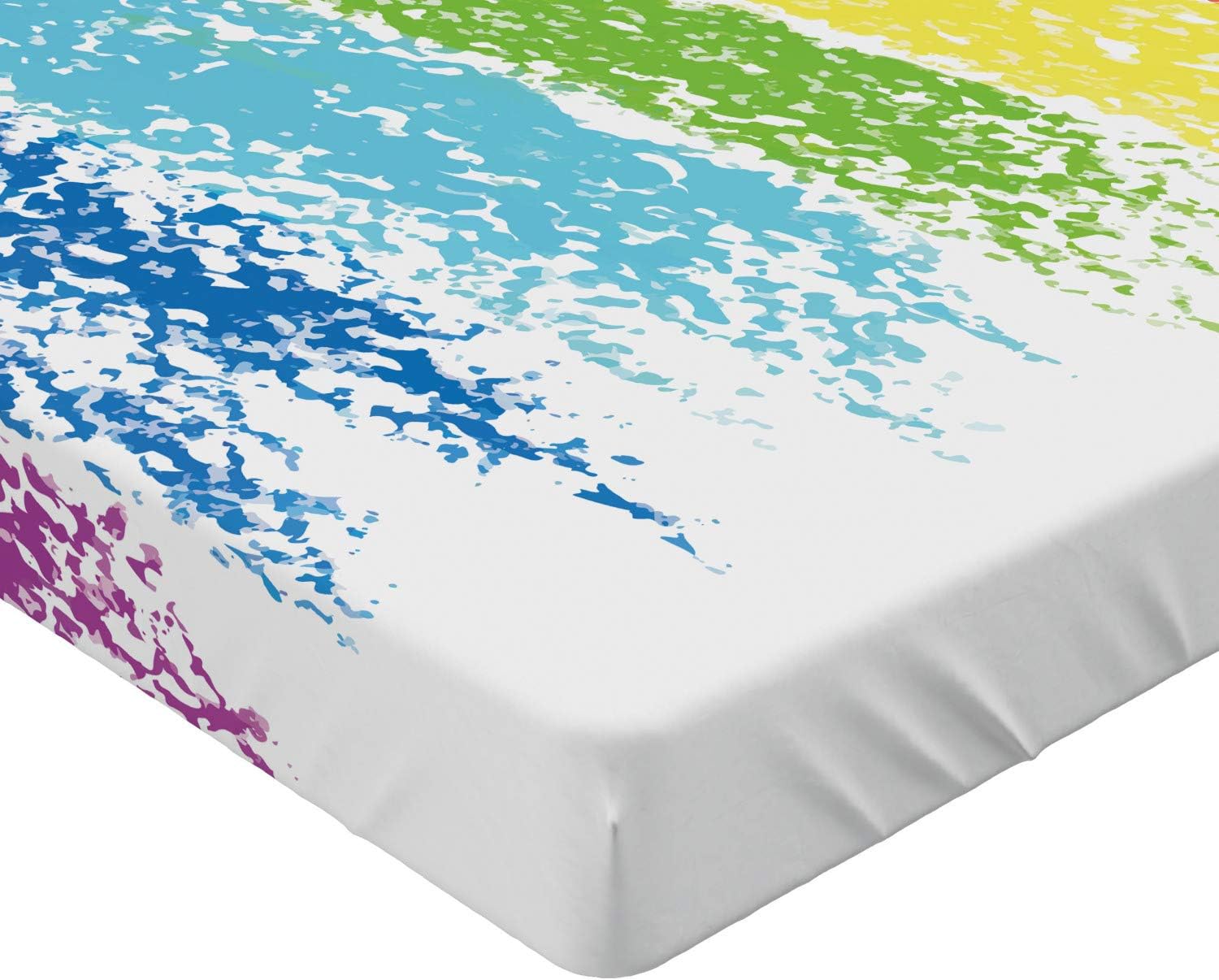 Ambesonne Rainbow Fitted Sheet, Simplistic Cheerful Illustration with Pastel Painting Colorful Lines Illustration, Soft Decorative Fabric Bedding All-Round Elastic Pocket, Queen Size, White Green