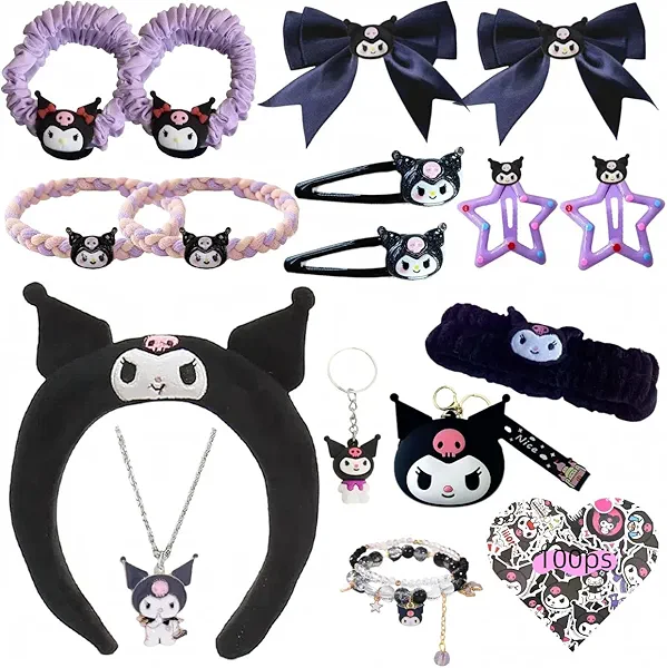 WINBBY 117Pcs Kawaii Cute Stuff Gifts Set Include Headband,Pouch, Hair Band, Hair Ties & Clips, Hairpin, Stickers, Necklace,Bracelet, Keychain(Black)