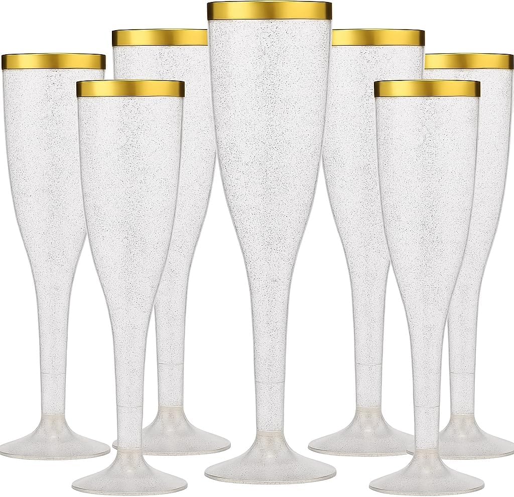 Oojami 90 Pack Plastic Champagne Flutes Disposable, 6.5 Oz Gold Glitter with Gold Rim Clear Toasting Glasses for Wedding Birthday Party Mimosa - Image 5