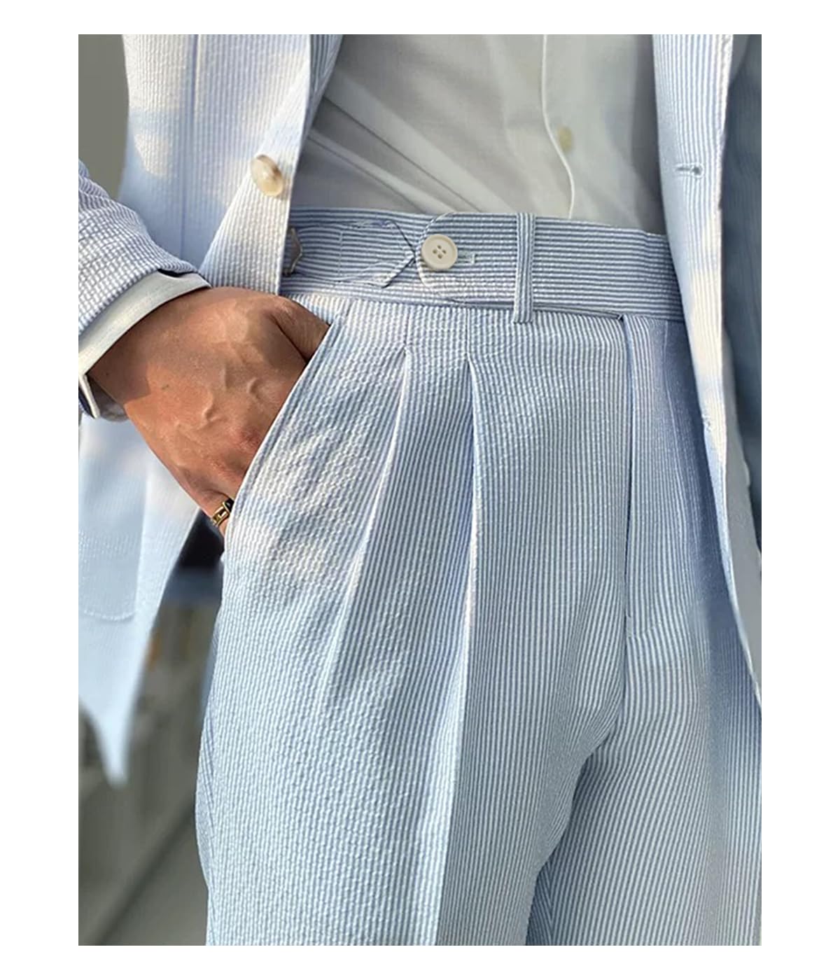 Solovedress Seersucker - Pantalones de rayas para hombre, para verano, playa, vestido de novio para boda