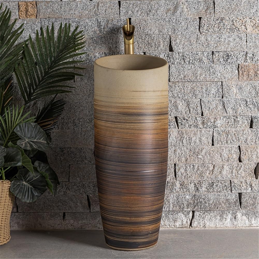 Lavabo del baño Fregadero de Pedestal Integrado cerámica con Grifo y Kit Drenaje for Patio