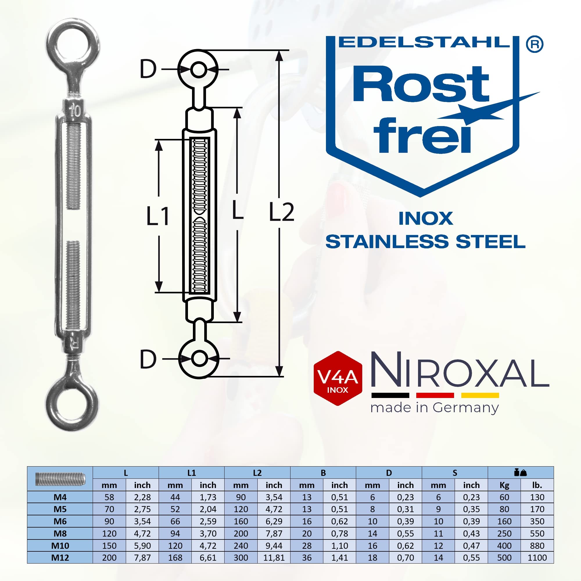 Edelstahl Spannschloss Öse-Öse – 8 mm – 10 Stück – V4A (A4) – Seilspanner/Drahtspanner rostfrei