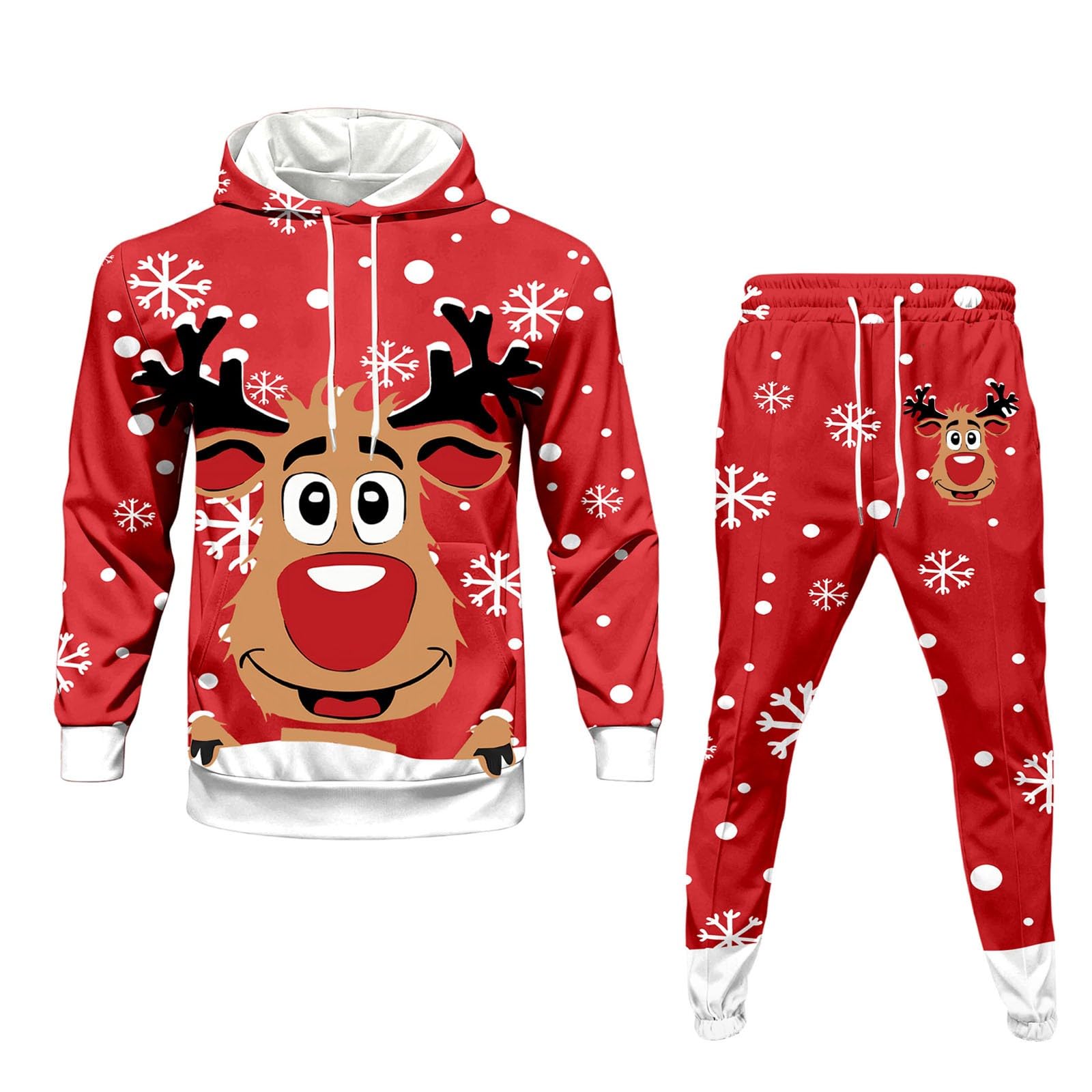 Generisch Świąteczny dres męski do joggingu, na Boże Narodzenie, zestaw 2-częściowy, funky Reindeer, nadruk 3D, strój bożonarodzeniowy z polarowymi bluzami z kapturem + spodnie do biegania