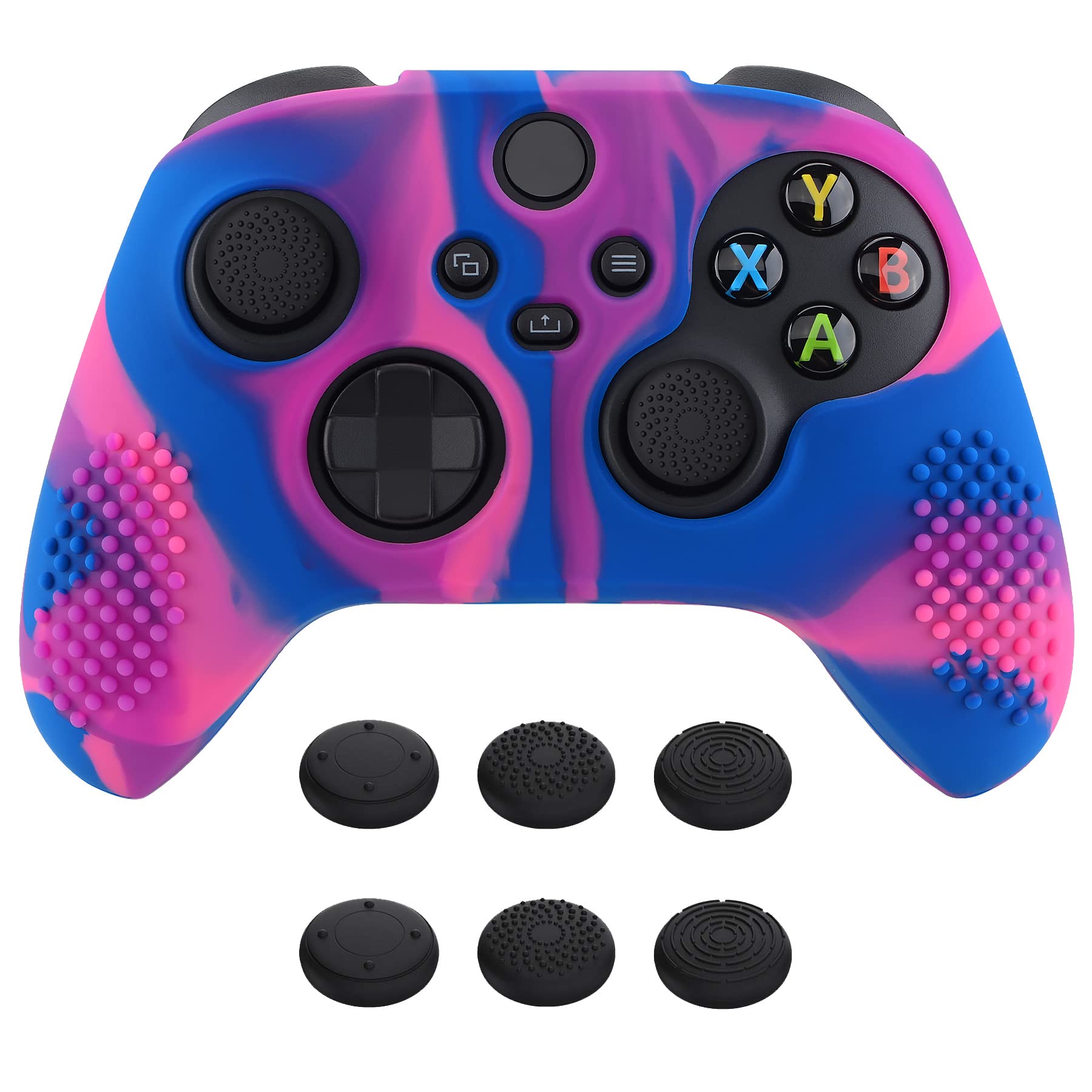 eXtremeRate PlayVital Cover Skin per Xbox Series X S Controller Joystick Custodia Protettiva Silicone Gomma Antiscivolo con 6 Copri Levette Analogiche(3D Borchiate Edizione)-Rosa Viola Blu