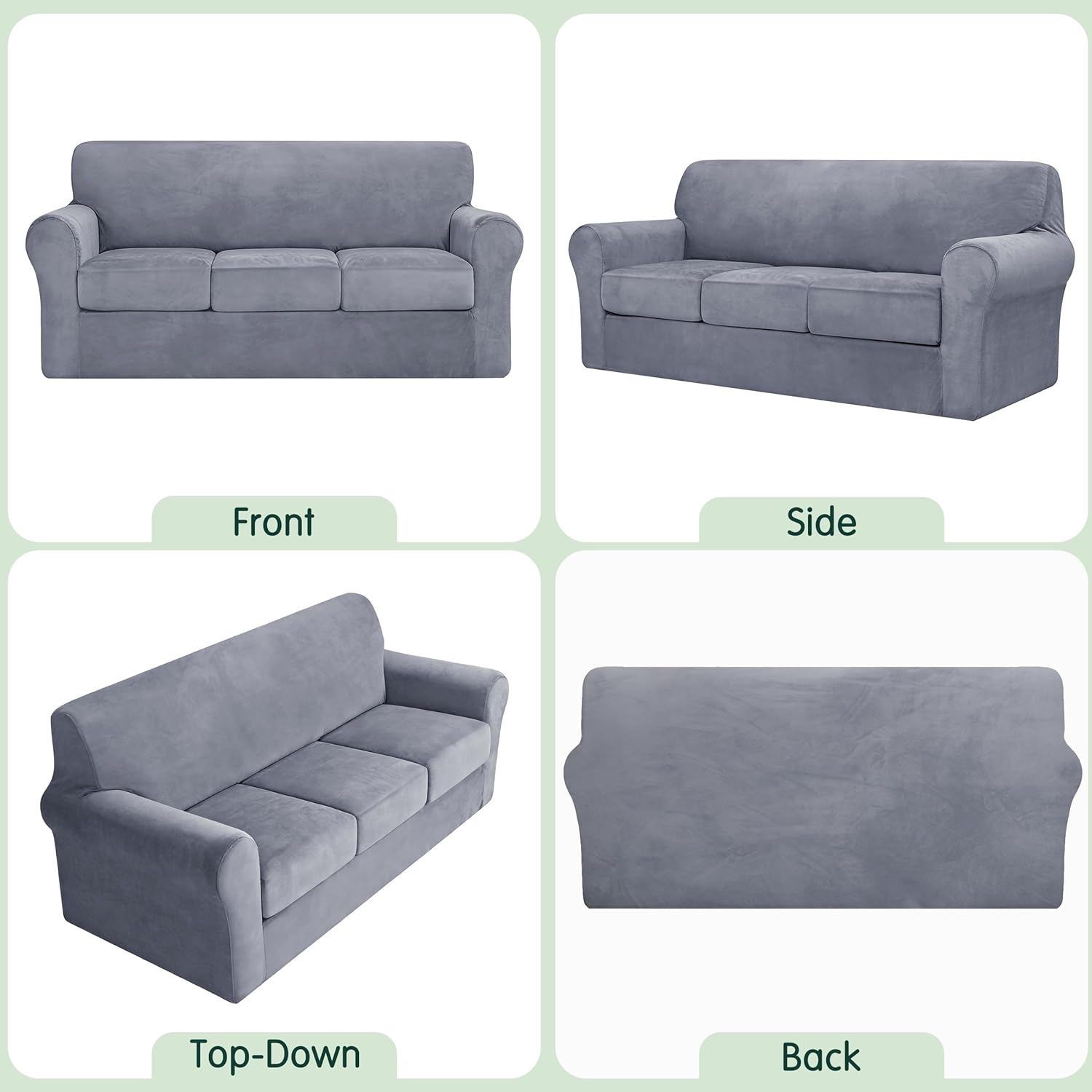 CHUN YI 4 Piece Velvet Couch Covers for 3 Cushion Couch, Water Resistant Non Slip Sofa Slipcover, High Stretch Thick Furniture Protector for Dogs Pets, Large, Grey