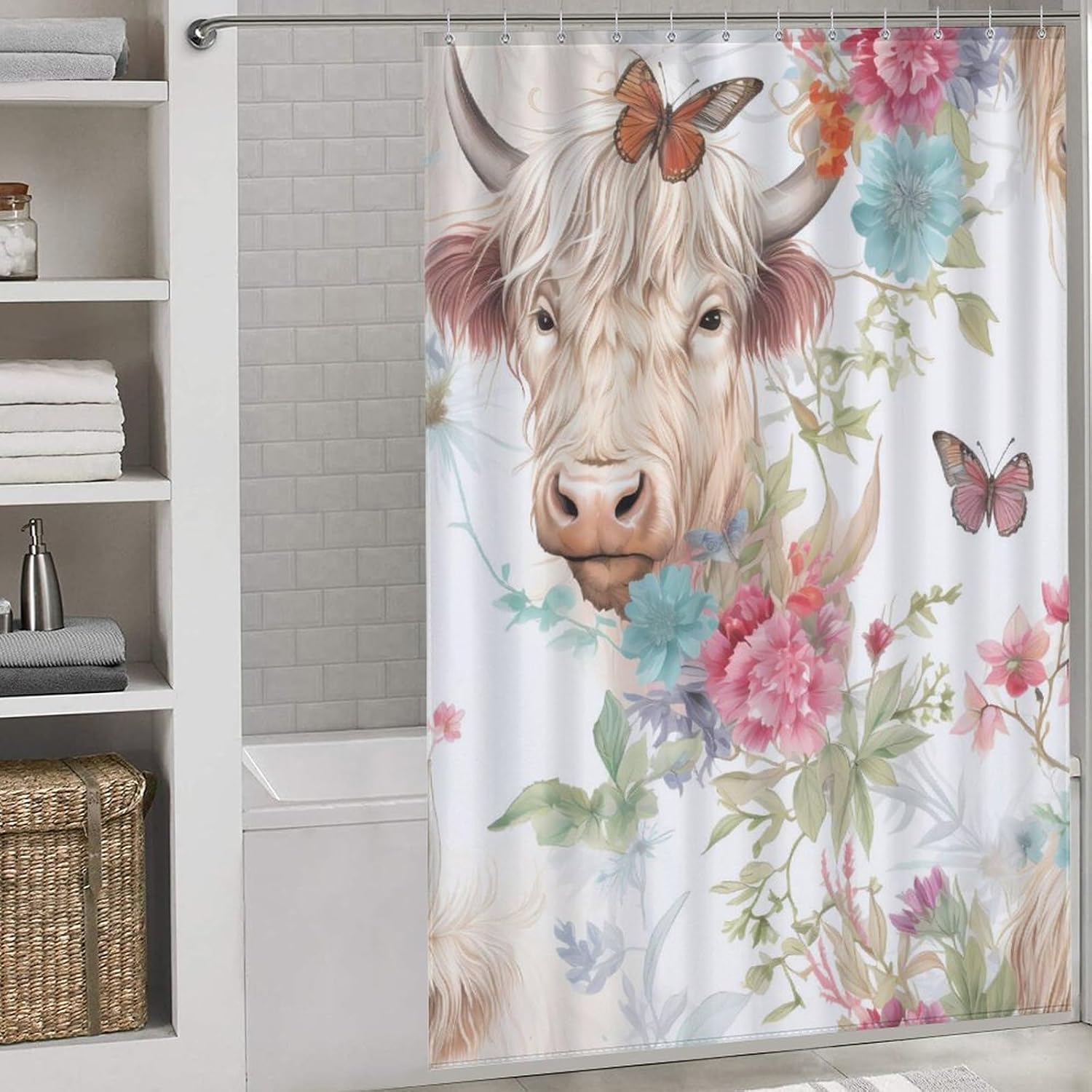 Highland Cow Flower Butterfly Funny Shower Curtains Washable Bath Curtain Liner with Hooks for Bathroom Bath Tubs