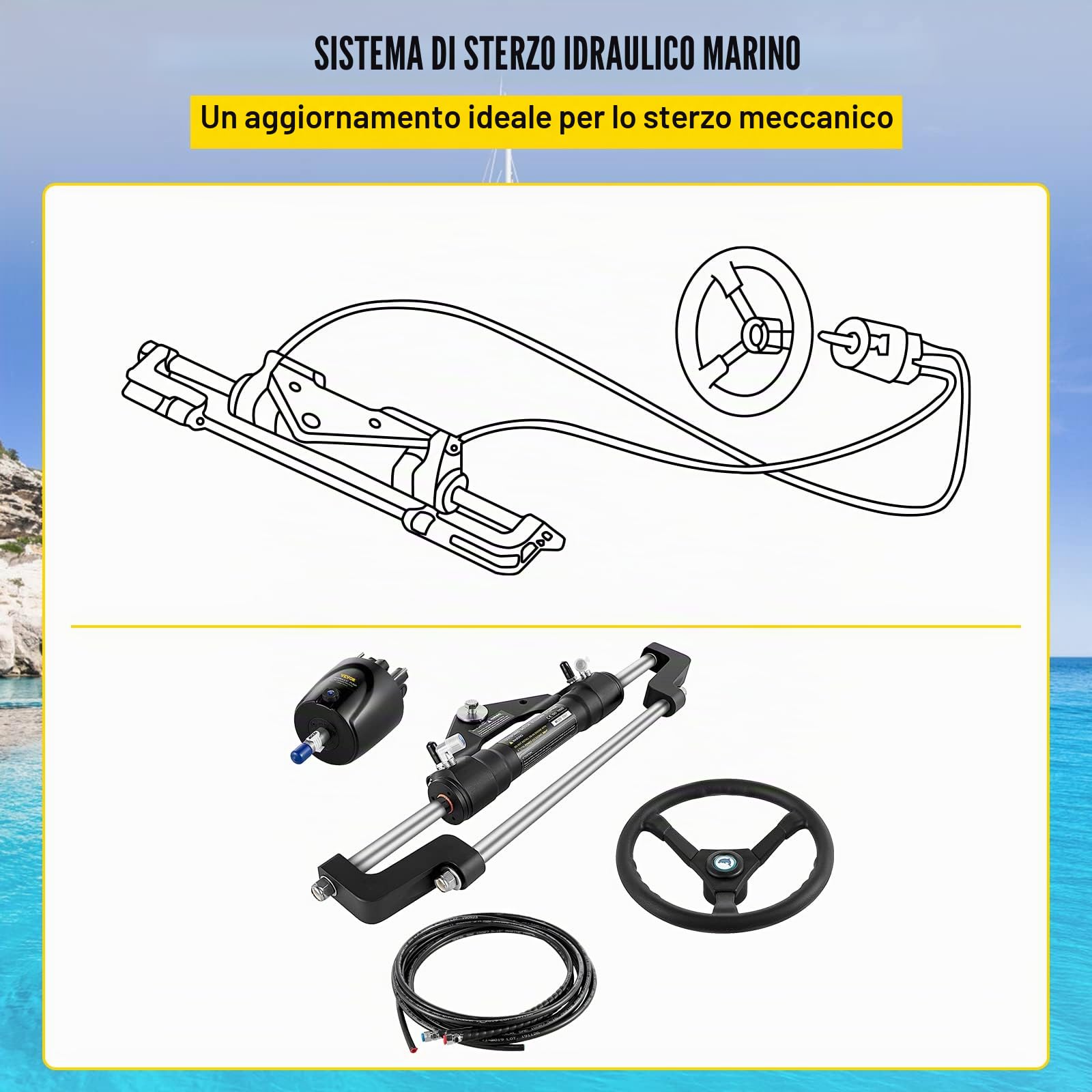 VEVOR Kit sterzo Idraulico fuoribordo 300HP, Kit sterzo Idraulico Pompa timone, Kit sterzo Idraulico per Barca con Tubo sterzo Idraulico da 22 Piedi per Sistema di sterzo Barca