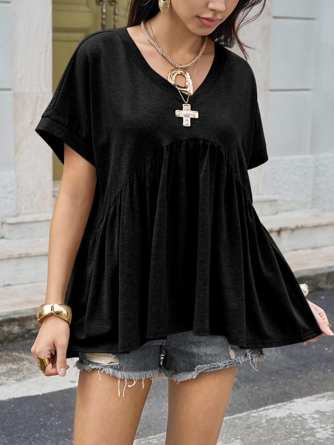 Cicy Bell Womens Summer Peplum Tops Oversized Babydoll Short Sleeve V Neck T Shirts Casual Loose Pleated Swing Blouse - Image 2