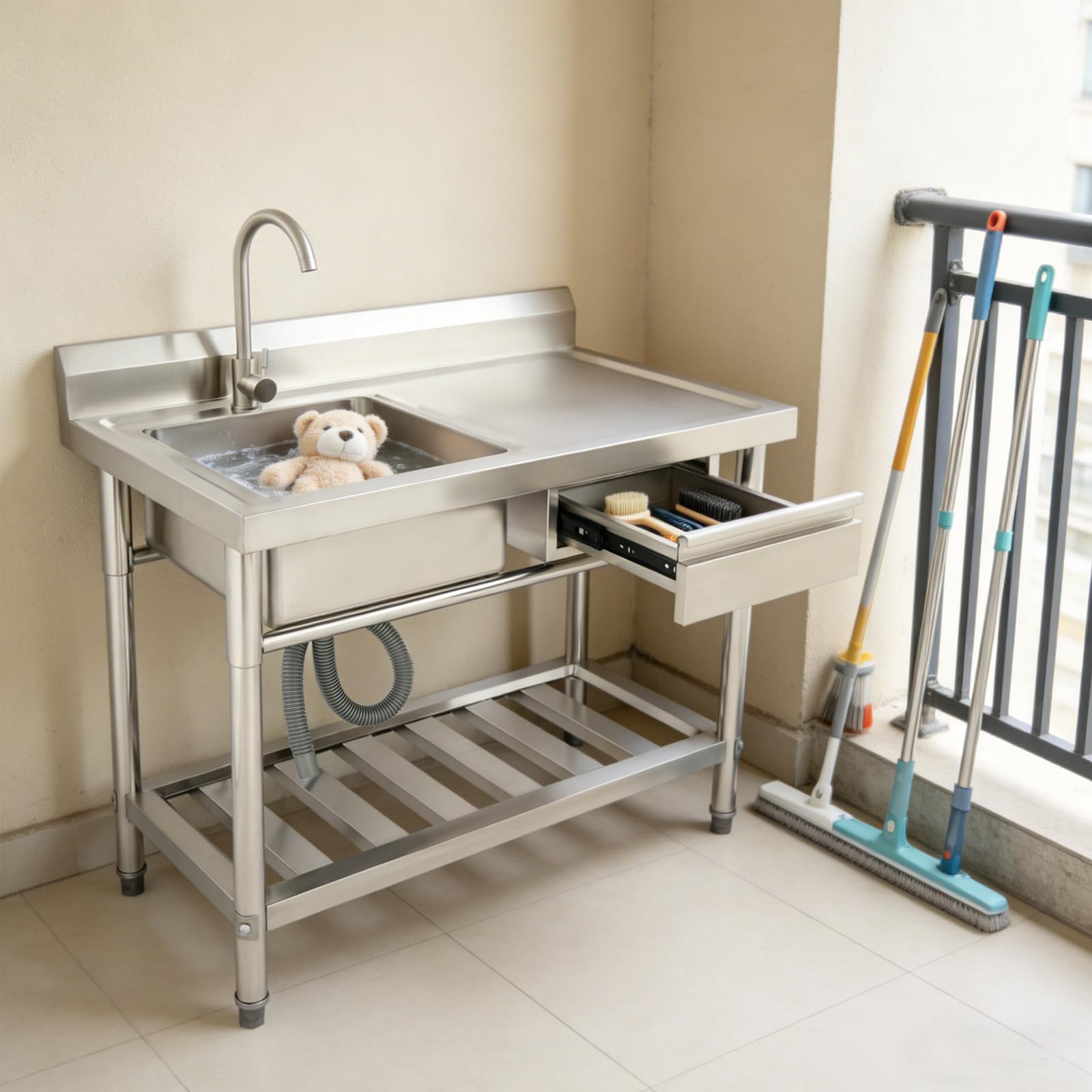 Edelstahl Spültisch 100x60cm mit 360° Armatur Wasserhahn Freistehend | 100*60*80 cm, 1–3 cm Höhenverstellbare Füße mit Arbeitsfläche, Spüle und Unterbau für Küche, Garten und Gewerbe (150kg Max)