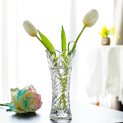 7.6" Tall Glass Flower Vase, 1 Piece Thickened Crystal Vase for Flowers | Clear Flower Vase for Bouquet, Sunflower Design Decorative Vase for Living Room Dining Table Centerpiece, Wedding Gift