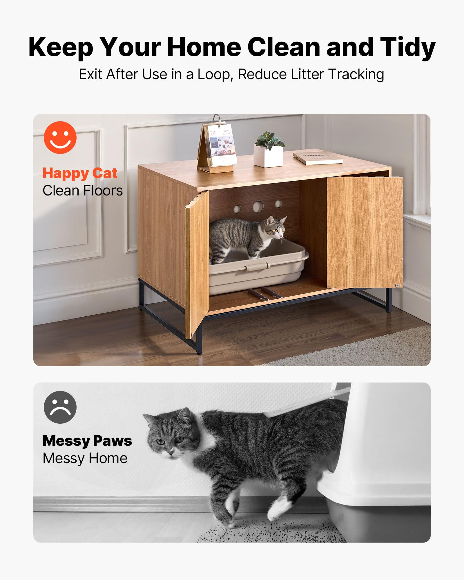 VEVOR Armario de Almacenamiento para Caja de Arena para Gatos, Escondite con Rascador, con Patas de Metal, Apto para la Mayoría de Cajas de Arena, para Sala de Estar, 80 x 51 x 56,8 cm, Madera