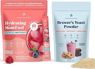 Breastfeeding Support Duo: Hydrating Mom Fuel Electrolyte Drink Mix (16 Ct) + Mommy Knows Best Brewer's Yeast Powder - Lactation Support (15 oz) - Ideal for Lactation Cookies, Smoothies, and Recipes