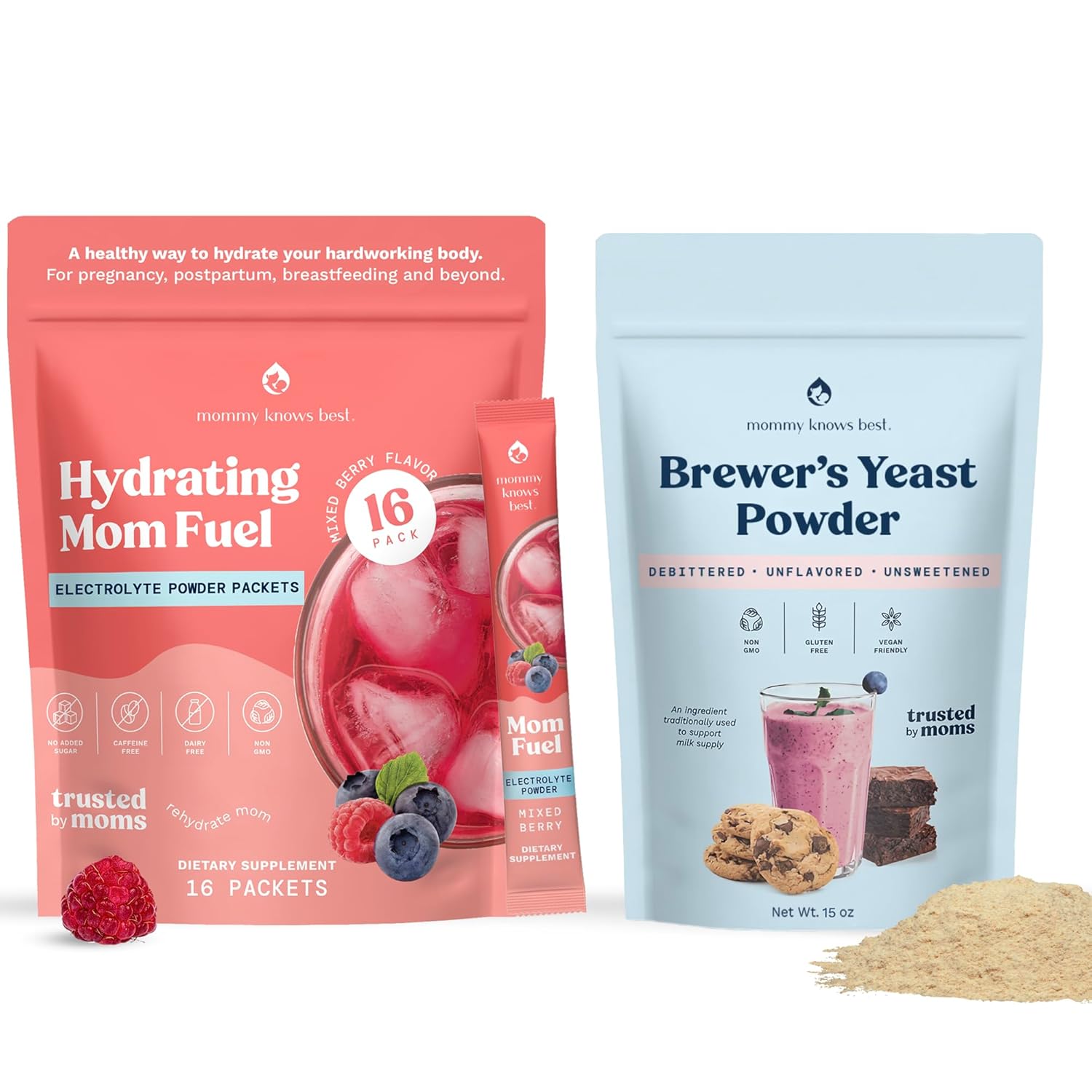 Breastfeeding Support Duo: Hydrating Mom Fuel Electrolyte Drink Mix (16 Ct) + Mommy Knows Best Brewer's Yeast Powder - Lactation Support (15 oz) - Ideal for Lactation Cookies, Smoothies, and Recipes