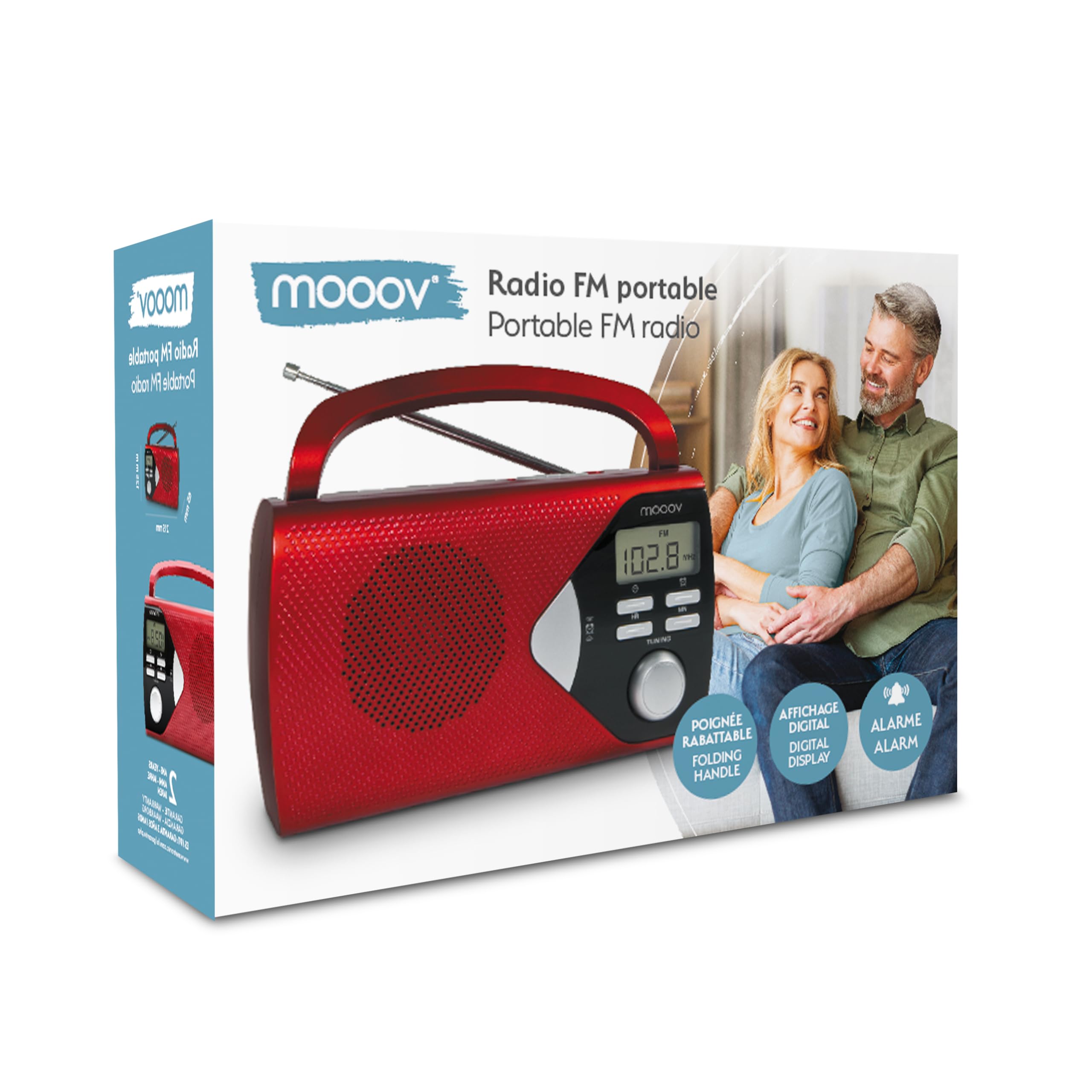 MOOOV 477201 Radio Portable à Pile FM/AM, Tuner Affichage Digital, Poste avec Poignée de Transport Rabattable, Facile d'Utilisation, Fonction Heure & Alarme, Secteur ou Piles - Rouge
