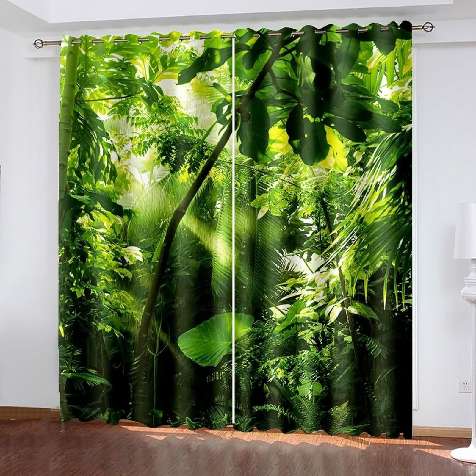Rideau Anniversaire, Rideau Stof Polyester Vert Paysage Feuilles et Soleil 86L x 160H CM Lot de 2