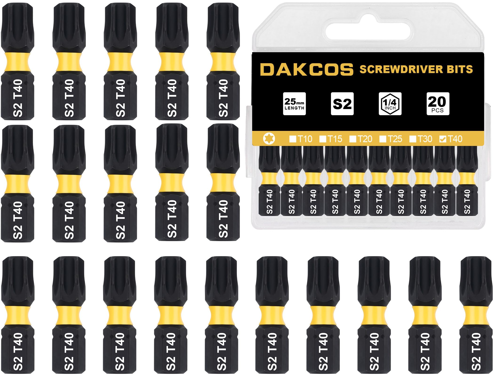 DAKCOS T40 Torx Bit, Impact Driver Bits, 1/4" Screwdriver Bit Sets, 20PCS Premium S2 Alloy Steel Bits, 25mm Long