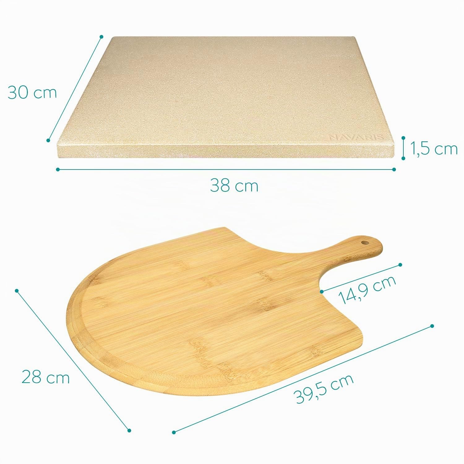 Navaris Pierre à Pizza avec Pelle - Kit Pierre Pizza Rectangulaire XL 38x30cm et Pelle en Bambou - Four Traditionnel Bois Barbecue Grill et Charbon