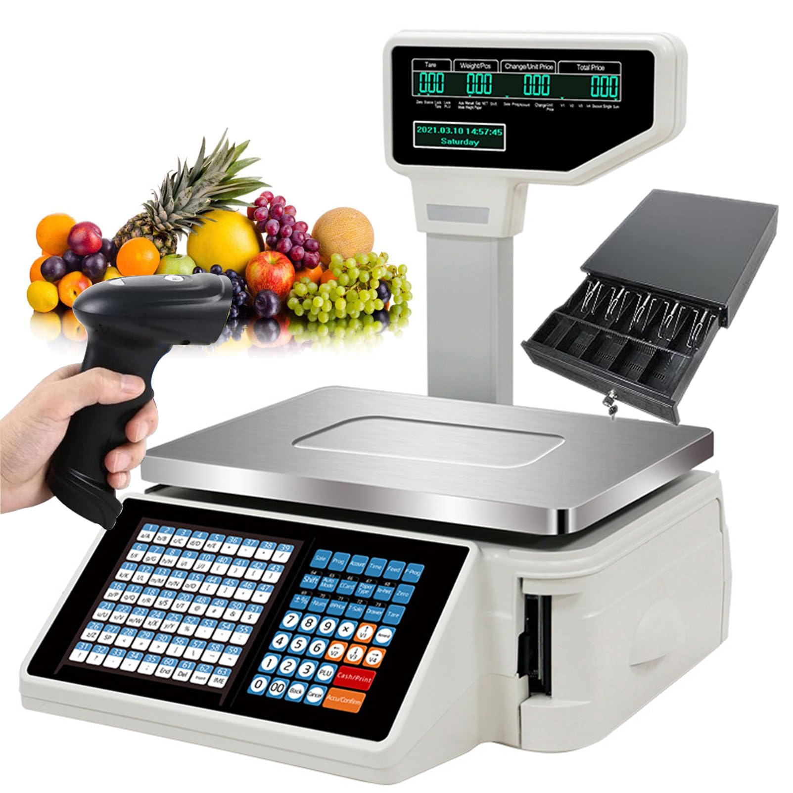 Bilancia per stampa etichette con codice a barre per supermercati Bilancia per registratore di cassa con display LCD per il commercio al supermercato, macchina + cassa, macchi,Machine+Scanner+Cashbox