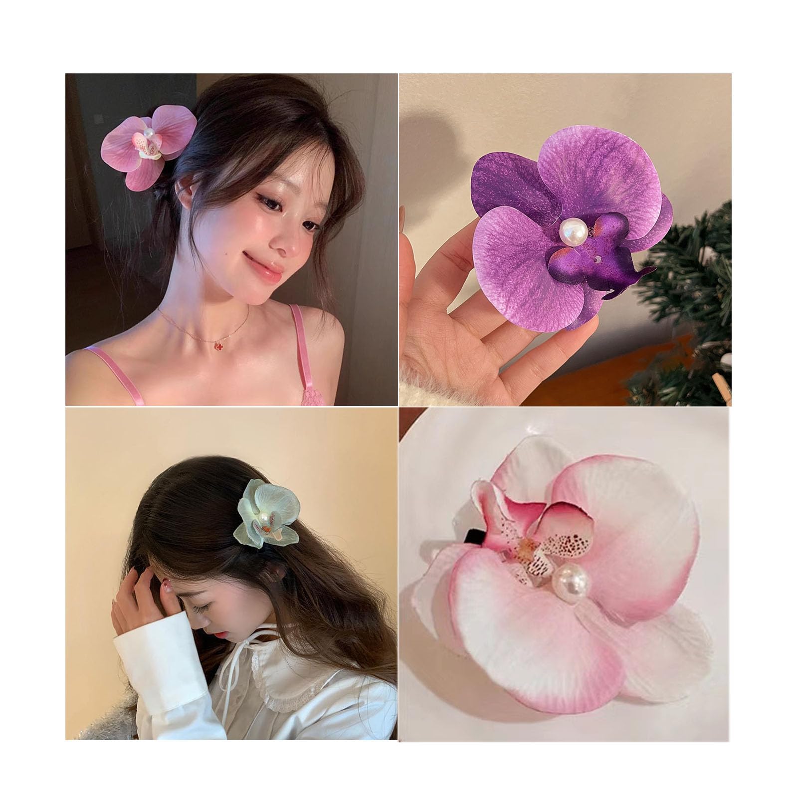 4 pinzas para el pelo de flores de Phalaenopsis, pinzas de cocodrilo de flores dulces, pinzas trenzadas, pinzas de pelo de flores hawaianas, accesorios para el cabello para mujeres y niñas